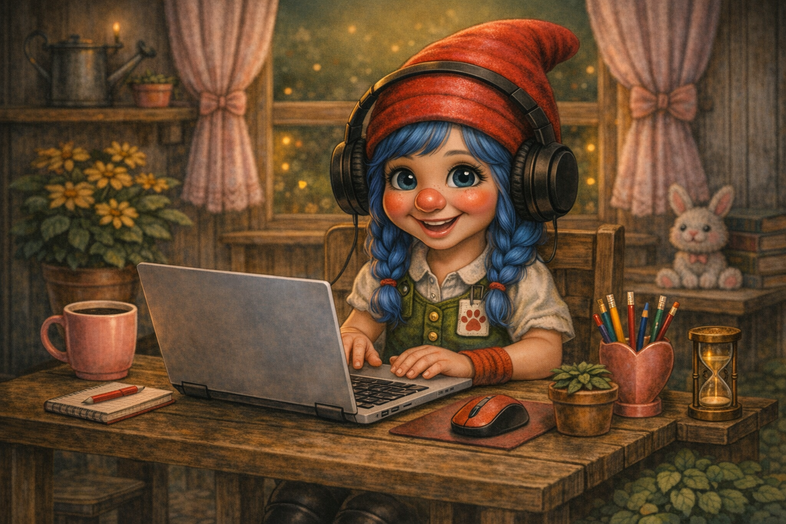 Garden gnome Girl with blue hair sitting at a laptop with headphones on. 