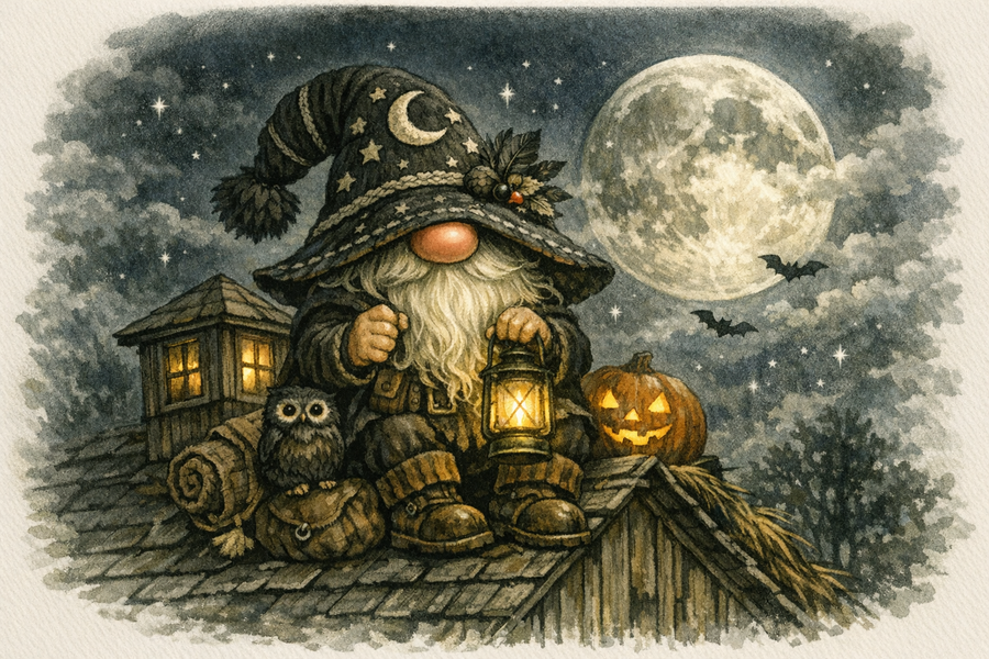 Illustrated garden gnome with lantern under a moonlit sky