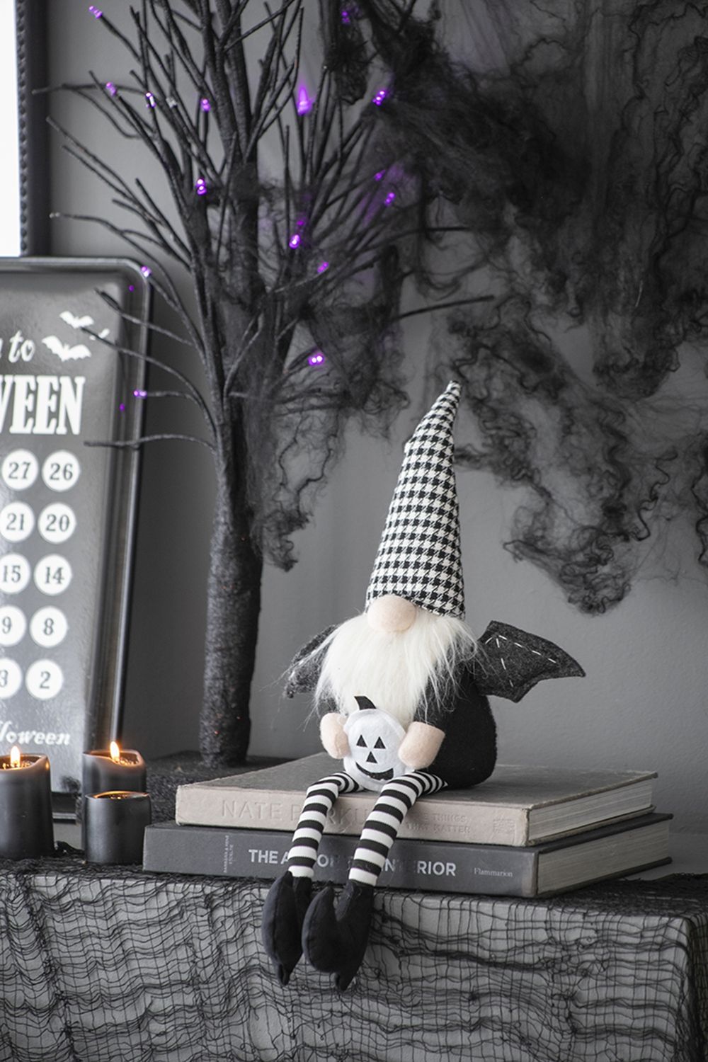 Sitting Gnome with Wings & Plaid Hat – Set of 2, Black, Halloween Decor
