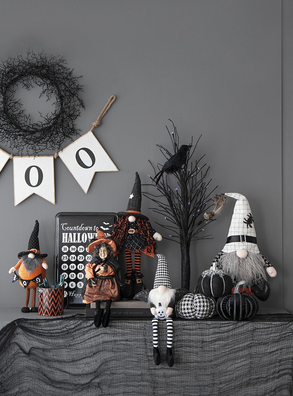 Black Sitting Gnome With Spider Hat – Halloween Decor Set of 2