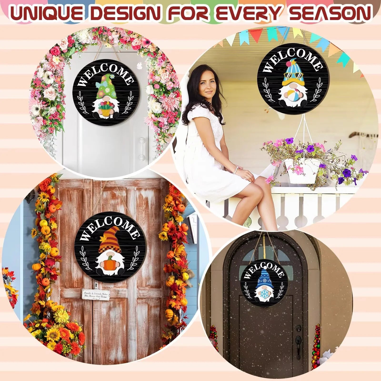 Interchangeable Wooden Gnome Decor Holiday Seasonal Gnome Decorations with Magnet Pieces and Detachable Hats Changeable Welcome Sign for Home