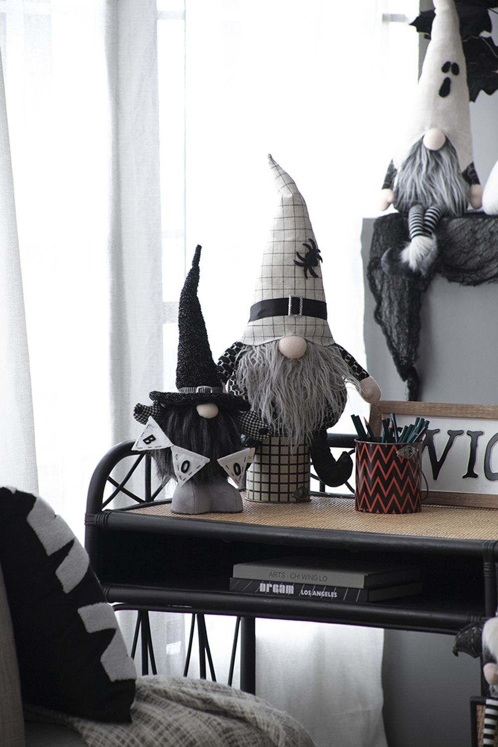 Black Sitting Gnome With Spider Hat – Halloween Decor Set of 2