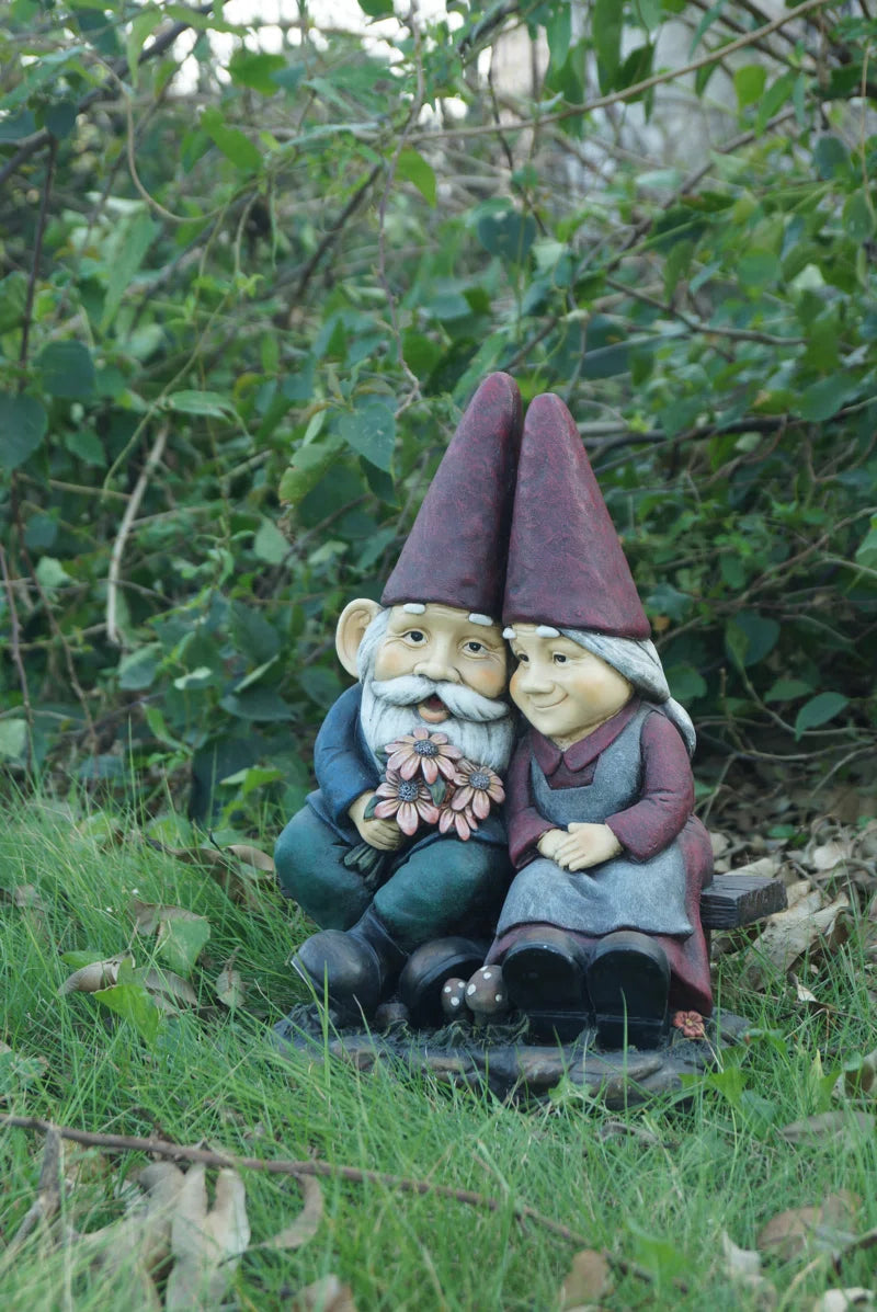 Gnome Old Couple on Bench Statue