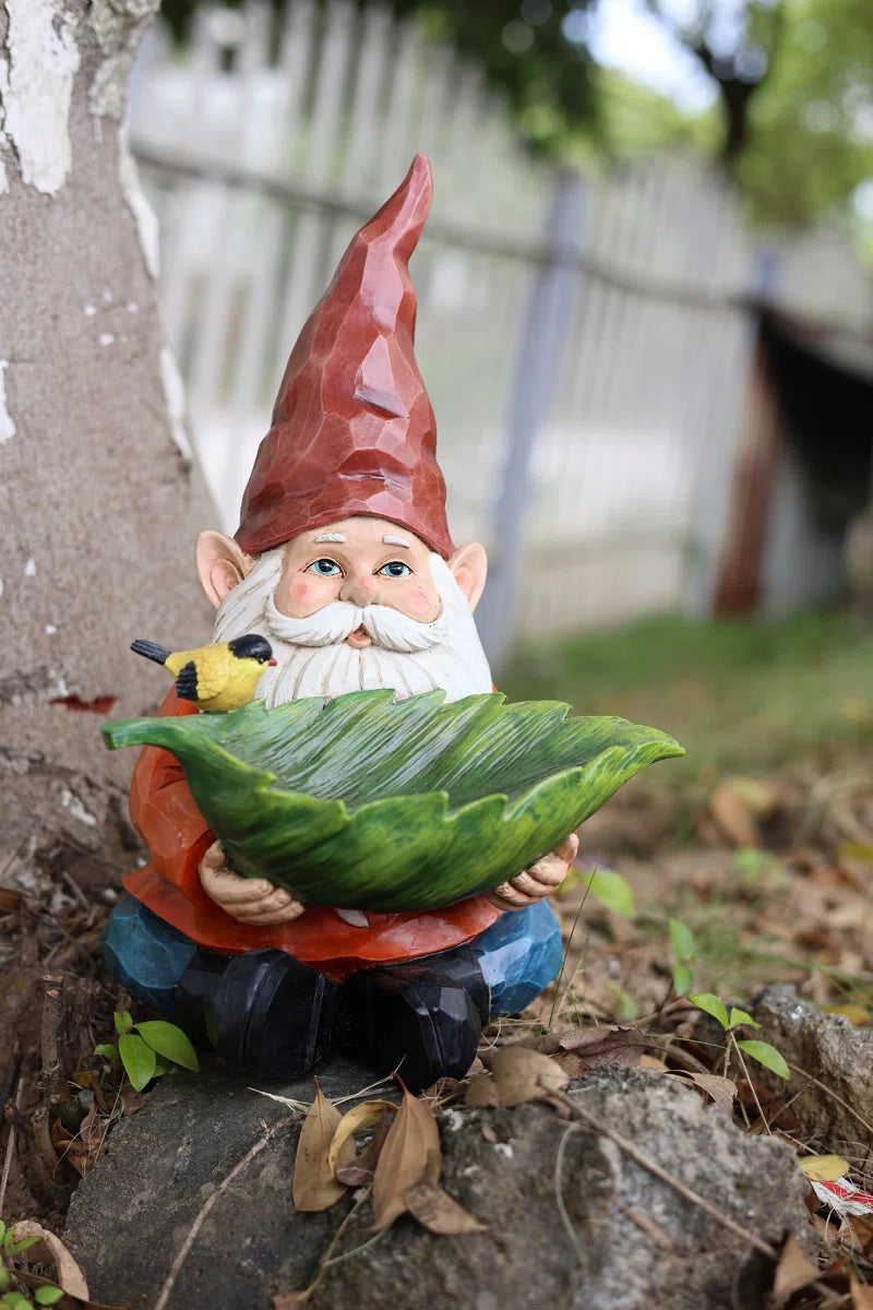 Funny Garden Gnome Holding Bird Bath