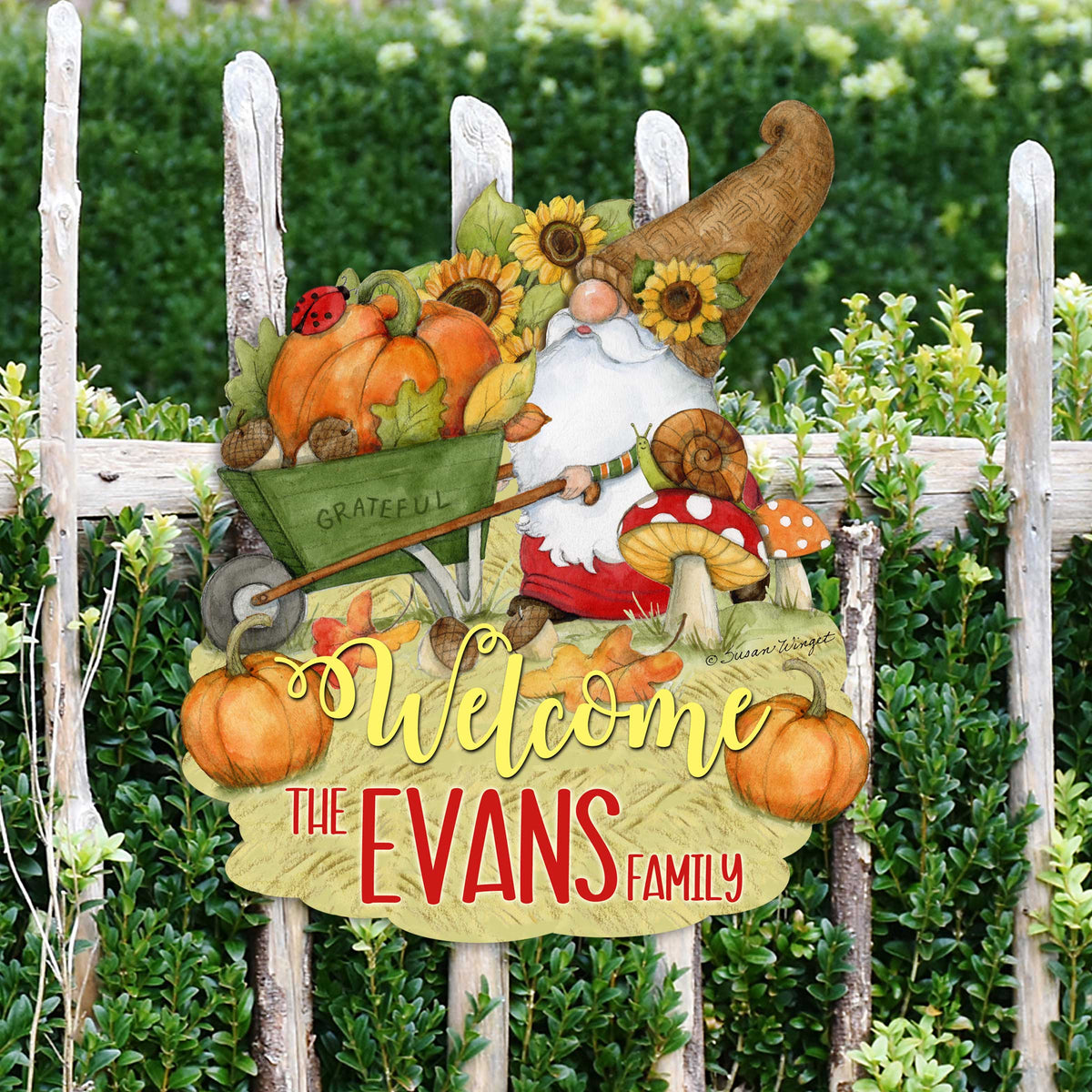 Personalized Outdoor Garden Stakes Fall Decoration - Custom Harvest Gnome Welcome Sign - Wheelbarrow Cornucopia - Handmade Gift - Thanksgiving Decor by Susan Winget