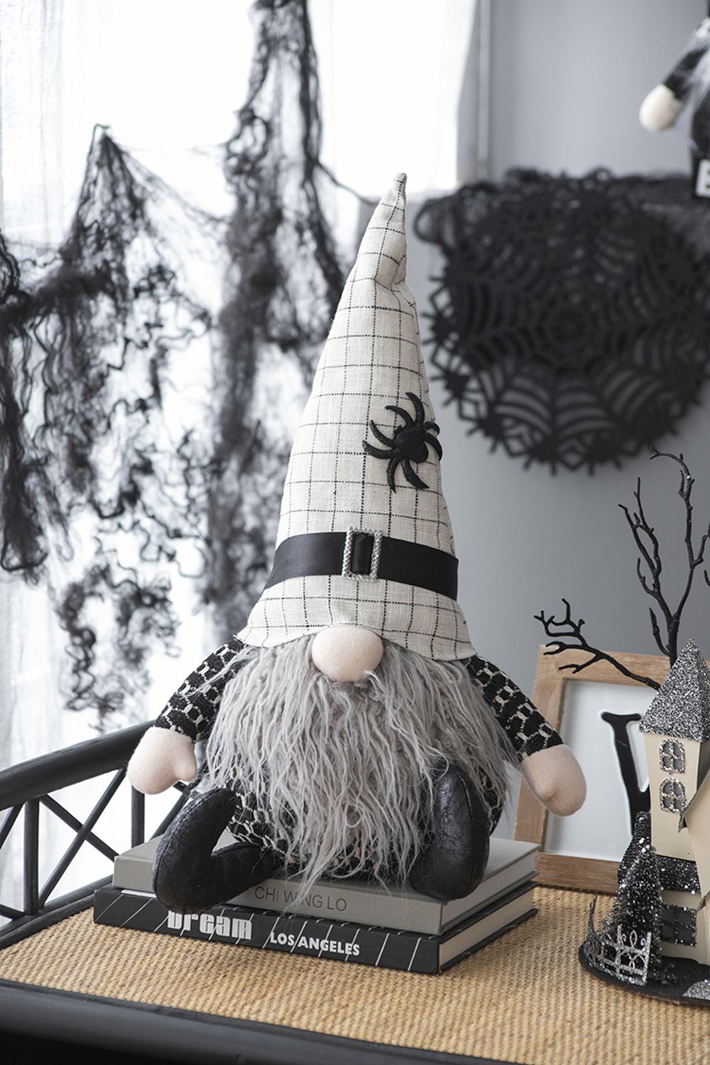 Black Sitting Gnome With Spider Hat – Halloween Decor Set of 2