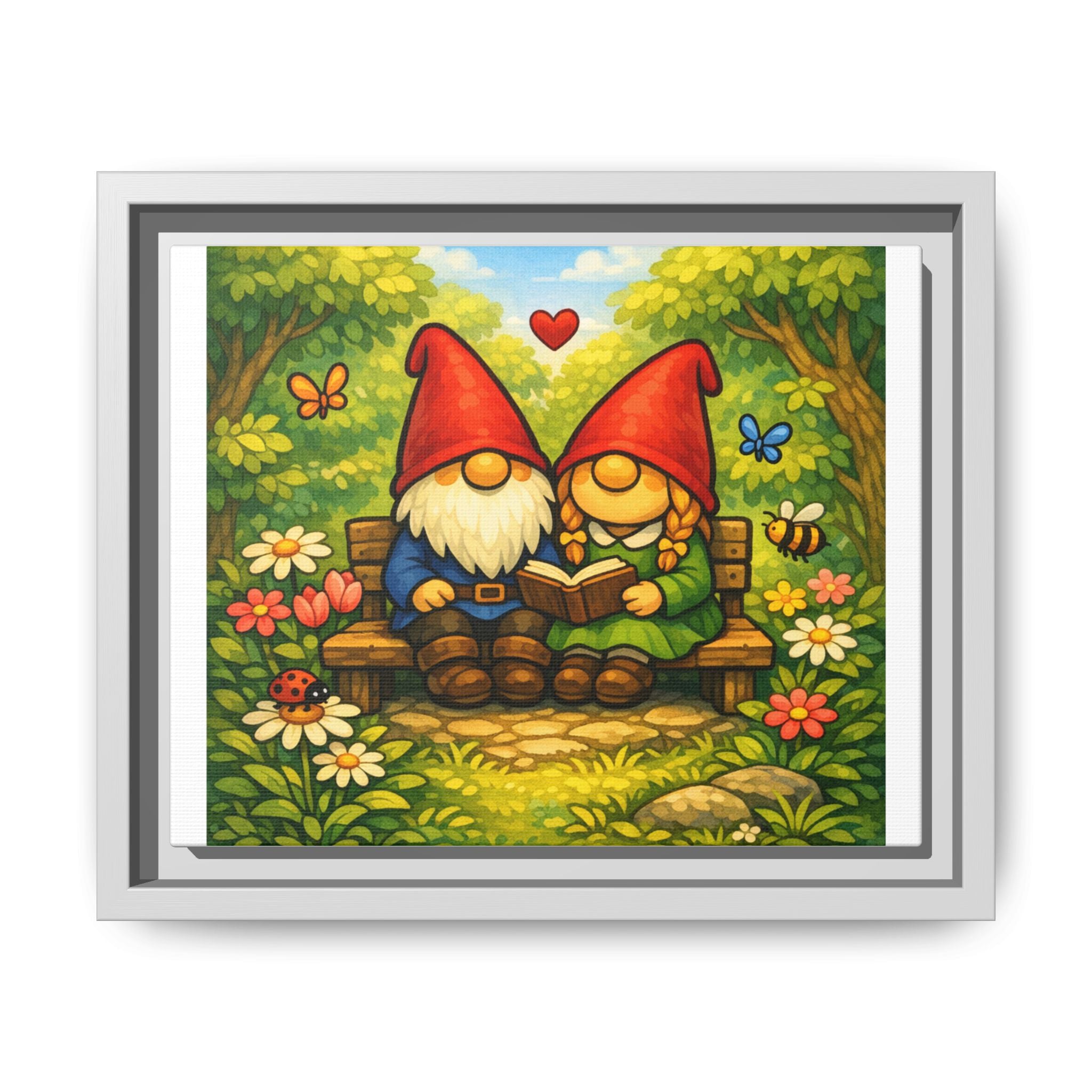 Gnome Couple Love Matte Framed Canvas — Whimsical Garden Wall Art