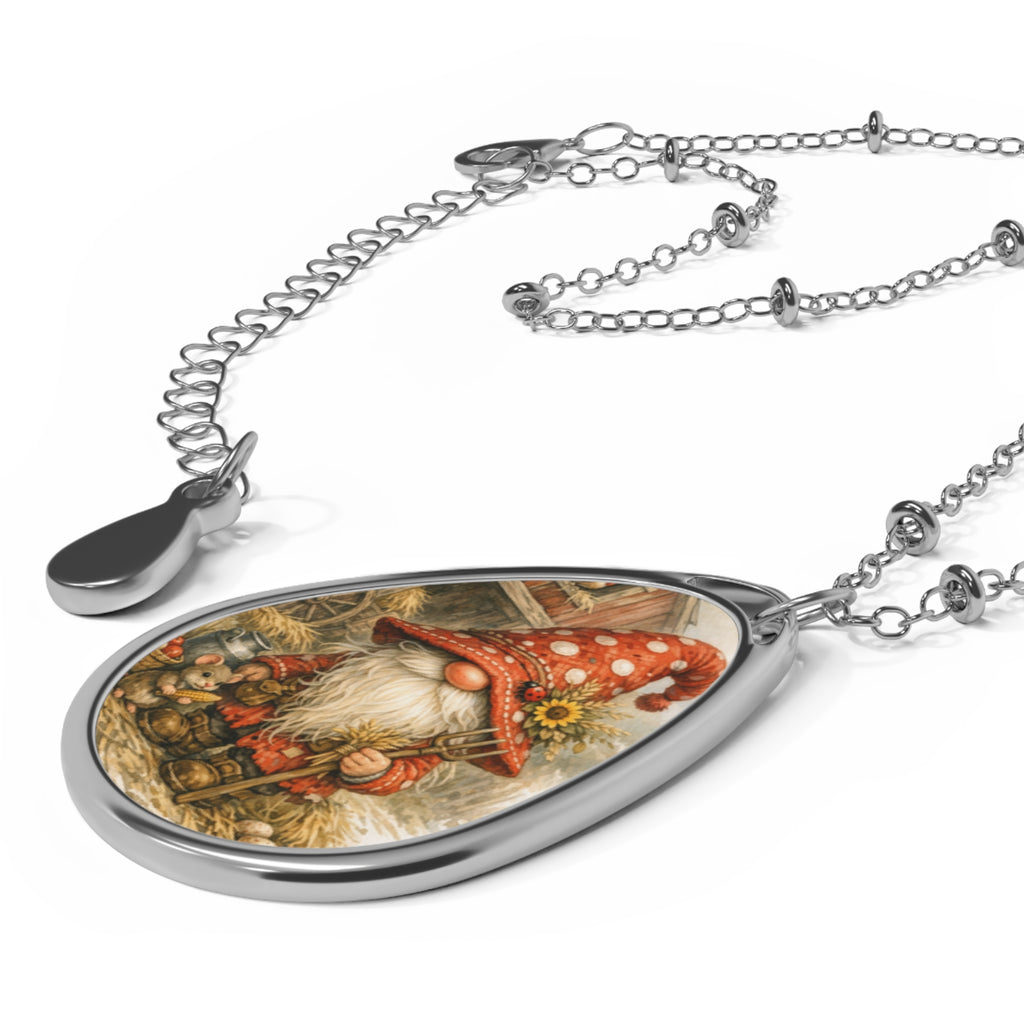 Gnome Mushroom Oval Pendant Necklace — Whimsical Woodland Charm Jewelry