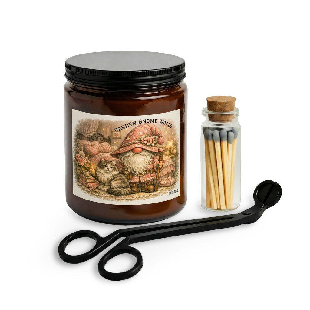 Gnome Garden Candle Set with Matches & Wick Trimmer — Cozy Floral Jar Candle Gift