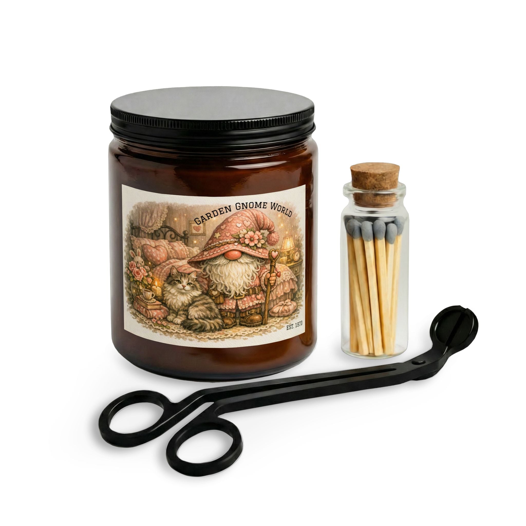 Gnome Garden Candle Set with Matches & Wick Trimmer — Cozy Floral Jar Candle Gift