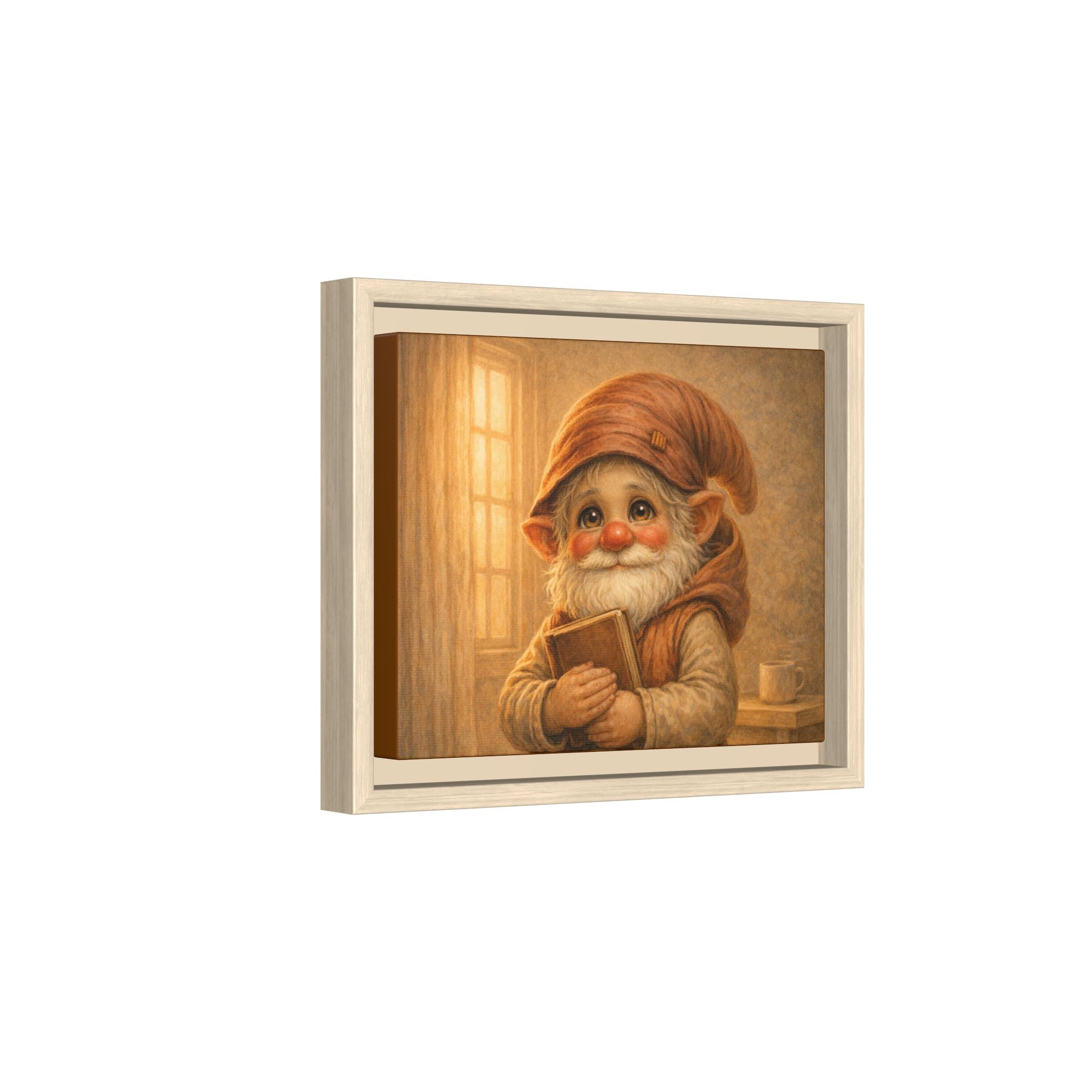 Framed Matte Canvas — Bright Eyes Whimsical Gnome Holding Book Wall Art