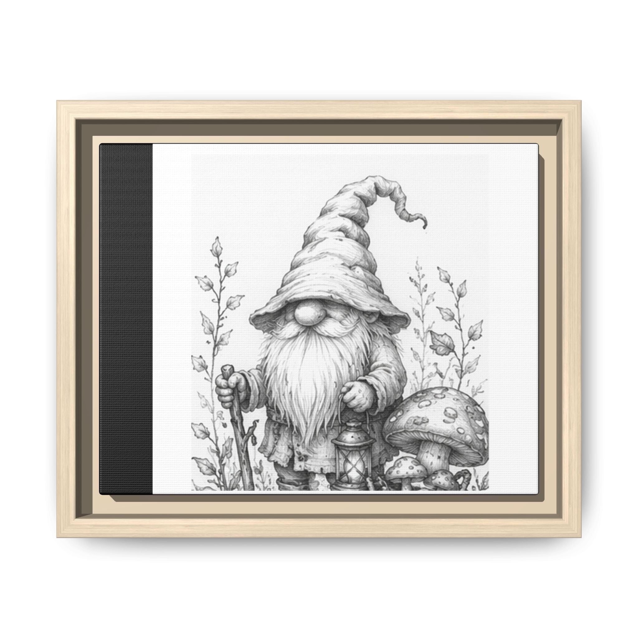 Gnome Pencil Illustration Framed Canvas Print — Black & White Matte Wall Art - Briar
