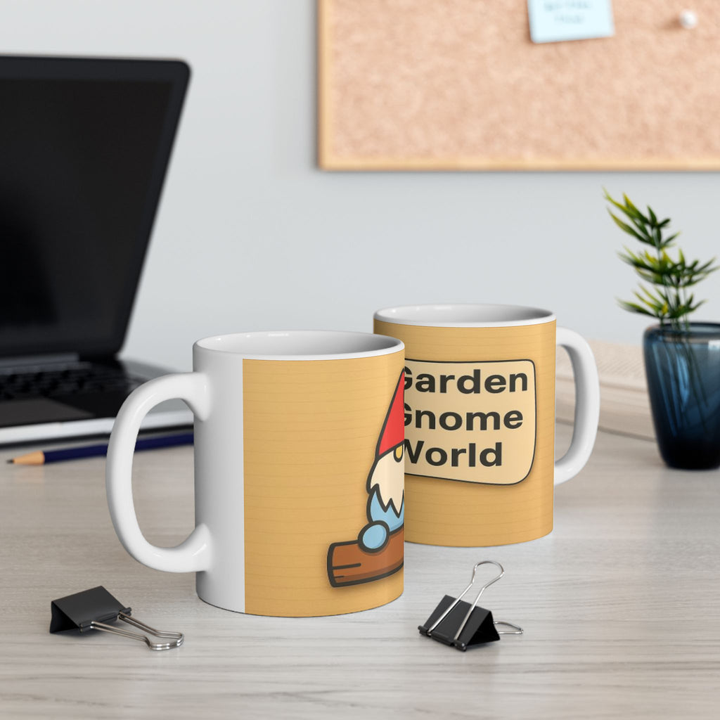 Two mugs with garden gnome world designs on a desk with office supplies.