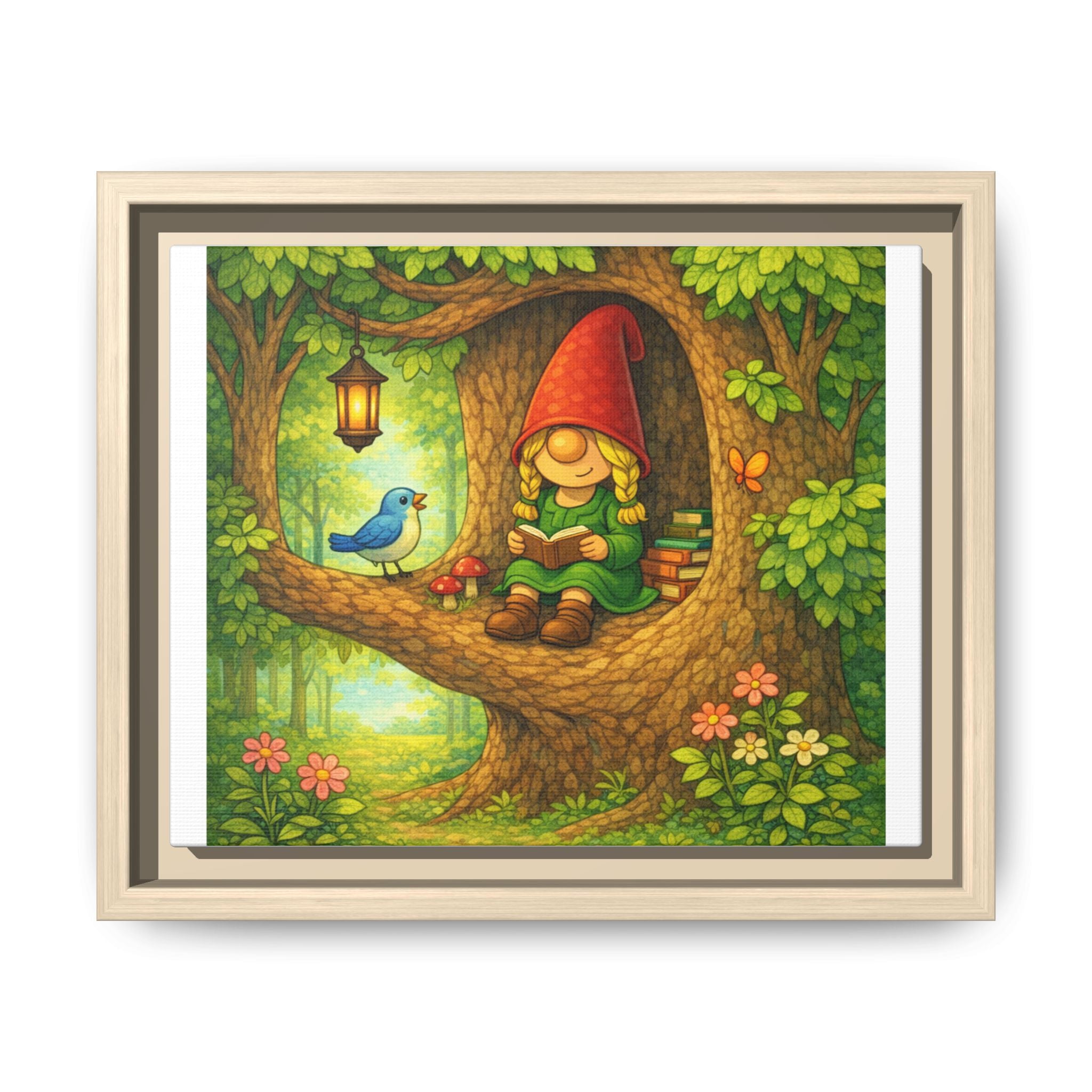 Whimsical Gnome Girl Reading in Tree Matte Canvas Print — Framed Forest Wall Art