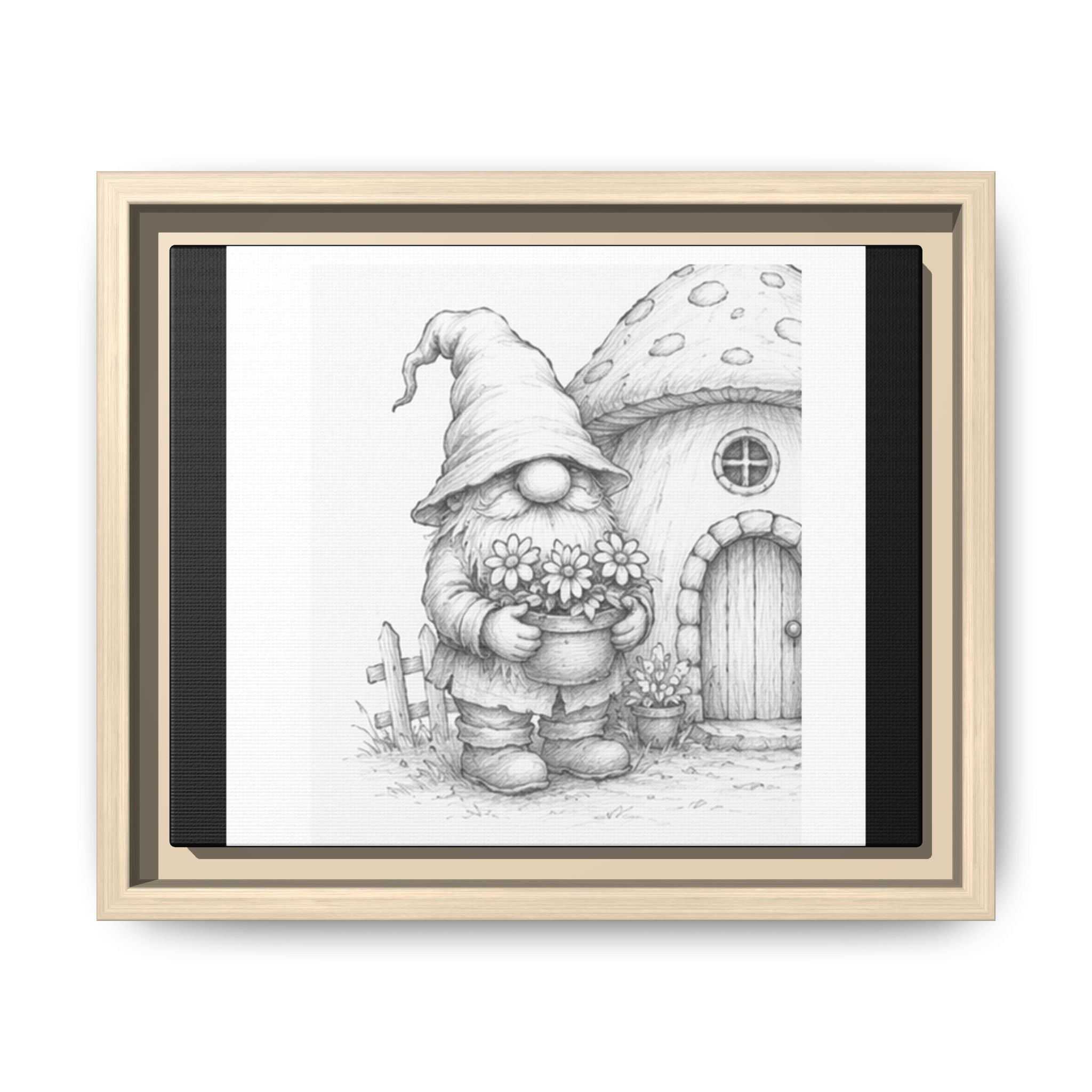Gnome Pencil Mushroom House Framed Canvas Print — Whimsical Nursery Wall Art - Hazel