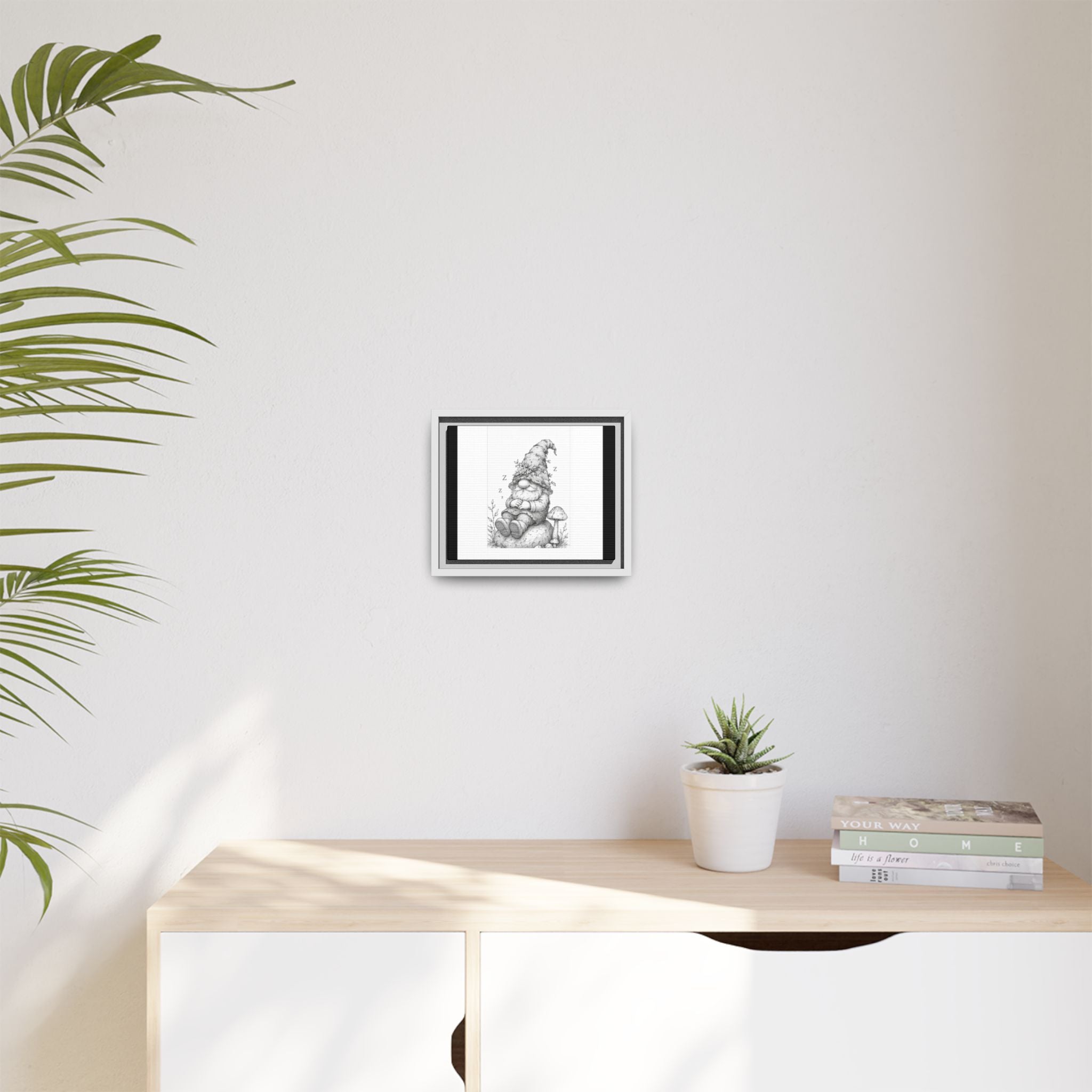 Sleepy Gnome Pencil Matte Canvas Framed Art — Woodland Nursery Wall Decor - Moss