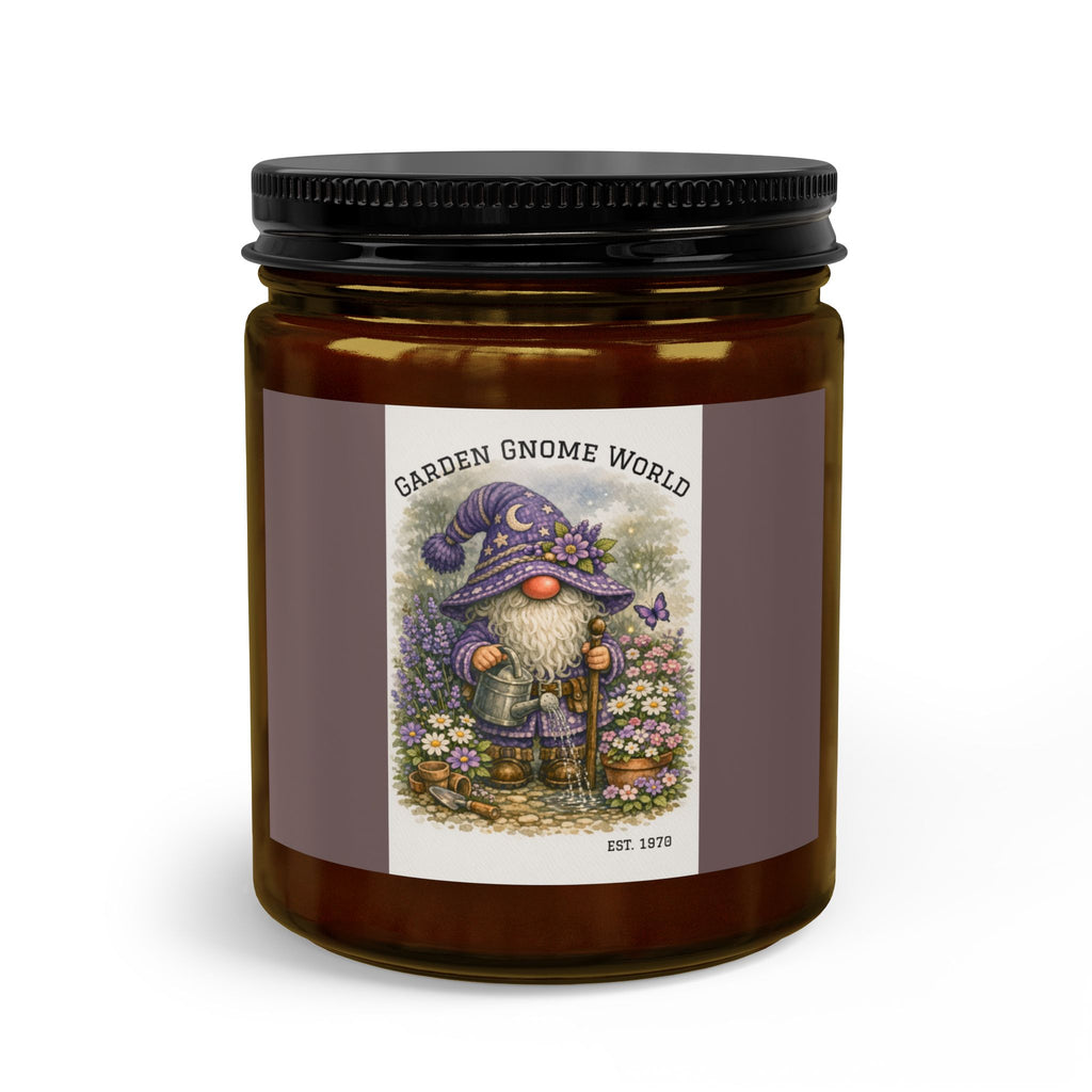 Purple High Hat Garden Gnome Candle Set with Matches & Wick Trimmer — Whimsical Floral Scented Jar