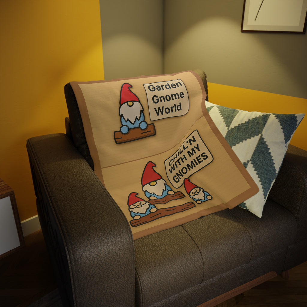 Blanket with garden gnome designs draped over a couch in a room with yellow walls.
