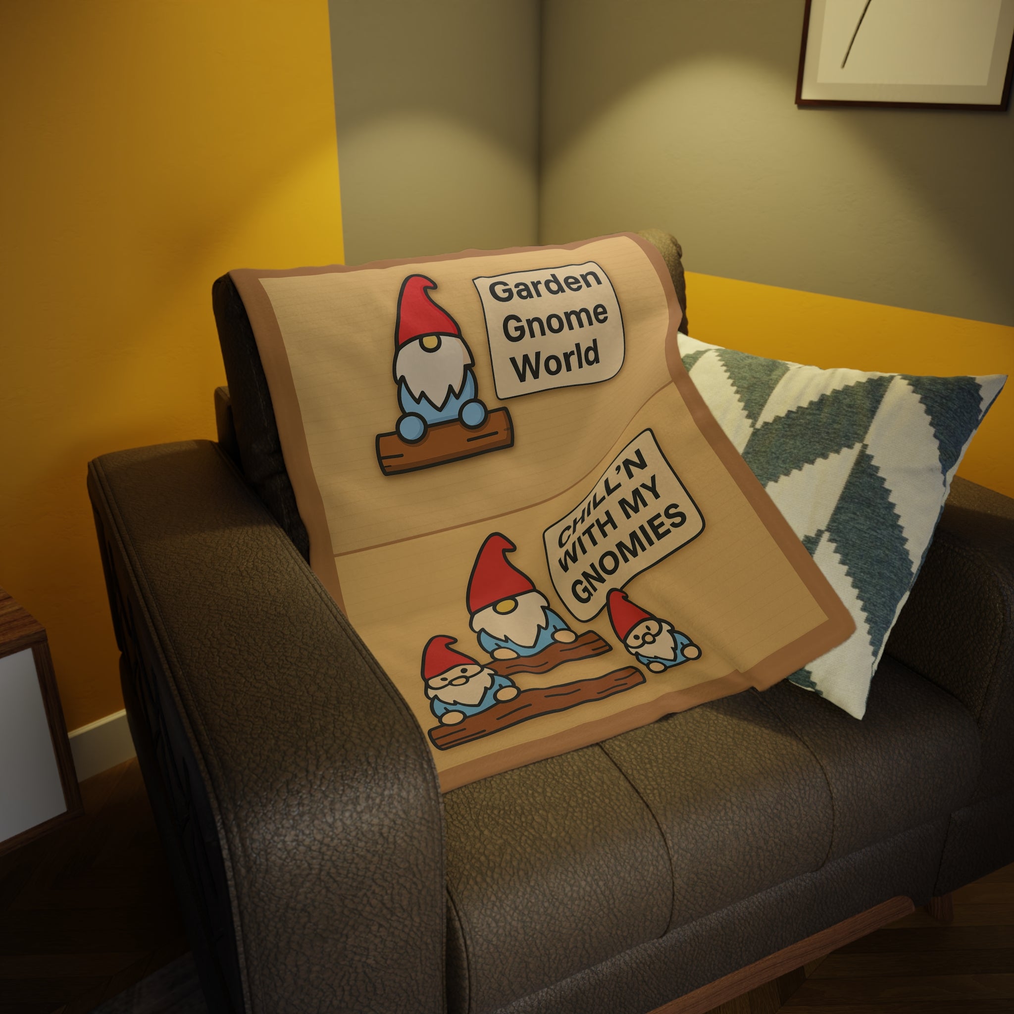 Blanket with garden gnome designs draped over a couch in a room with yellow walls.