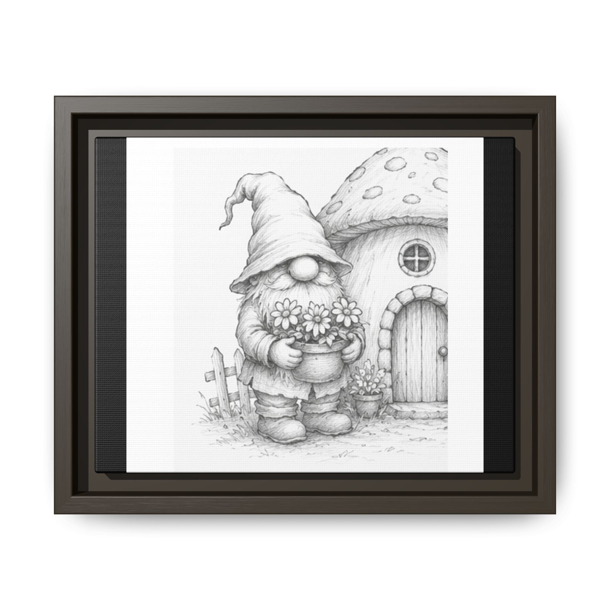 Gnome Pencil Mushroom House Framed Canvas Print — Whimsical Nursery Wall Art - Hazel