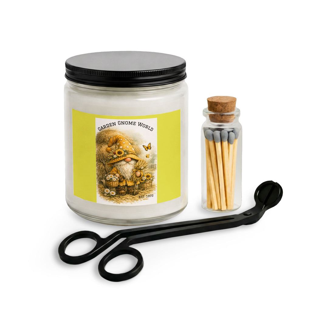 High Hat Yellow Garden Gnome Candle Gift Set — Soy Jar Candle with Matches & Wick Trimmer