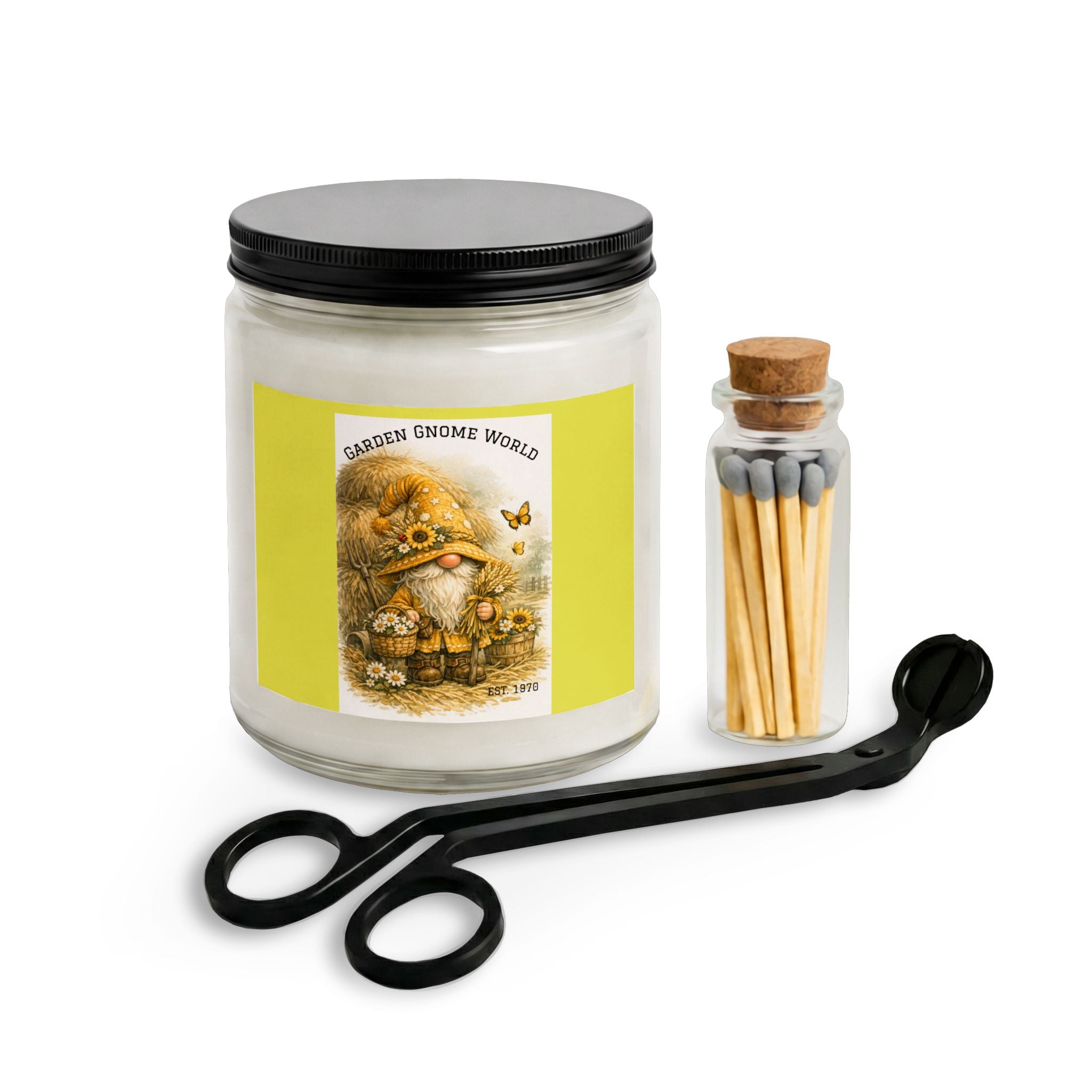 High Hat Yellow Garden Gnome Candle Gift Set — Soy Jar Candle with Matches & Wick Trimmer