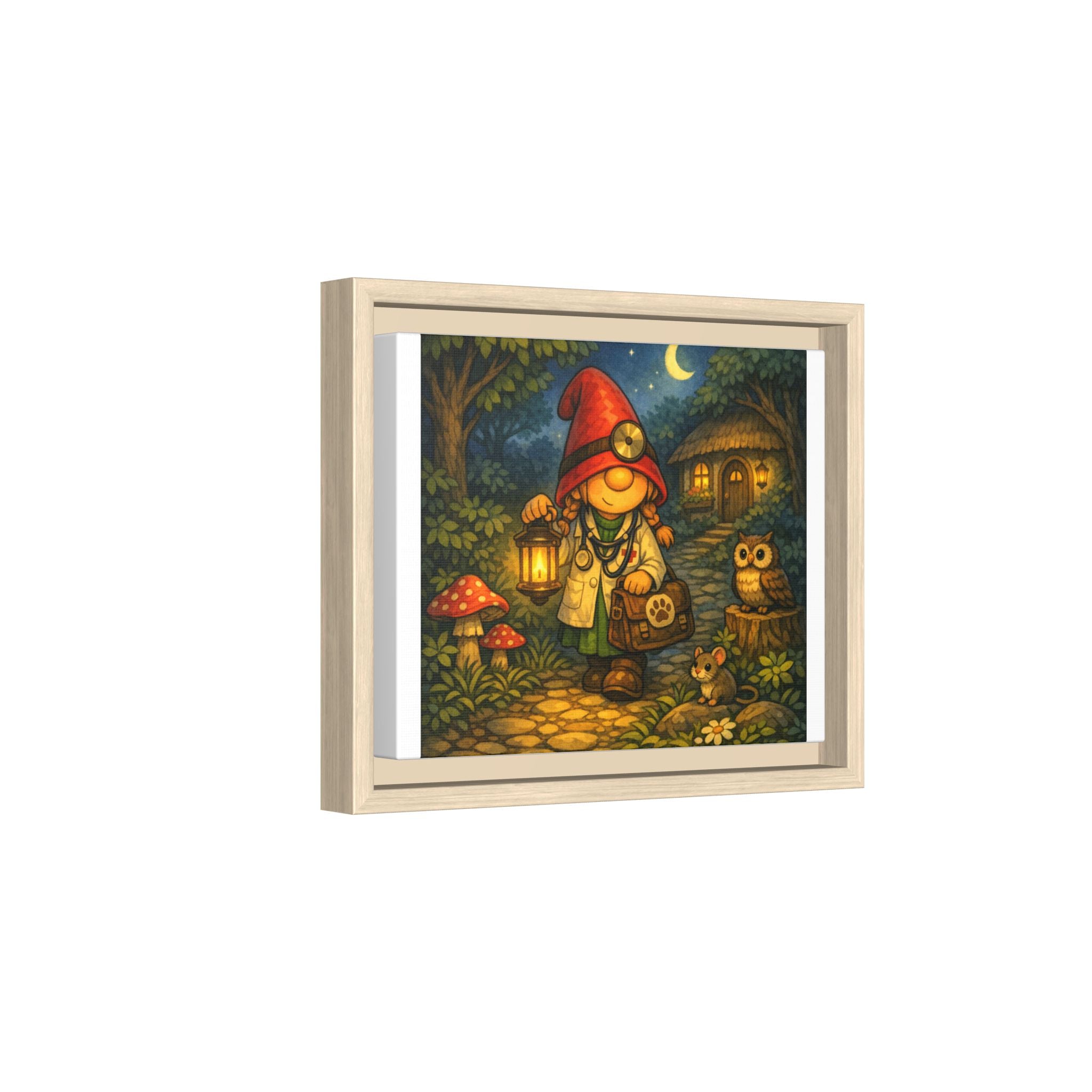 Framed Canvas Art - Whimsical Gnome Girl Vet Lantern Night Scene