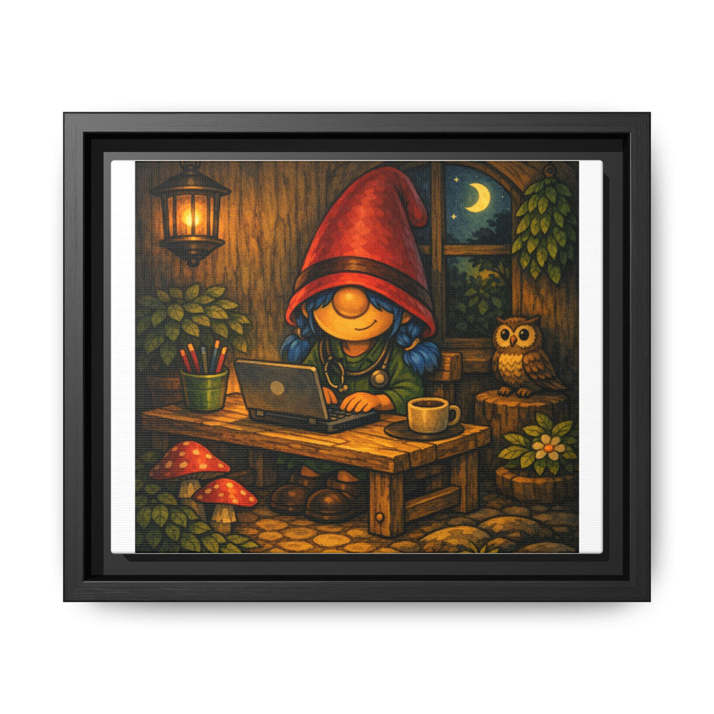 Cozy Gnome Girl with blue Hair Nightscape Framed Canvas Print