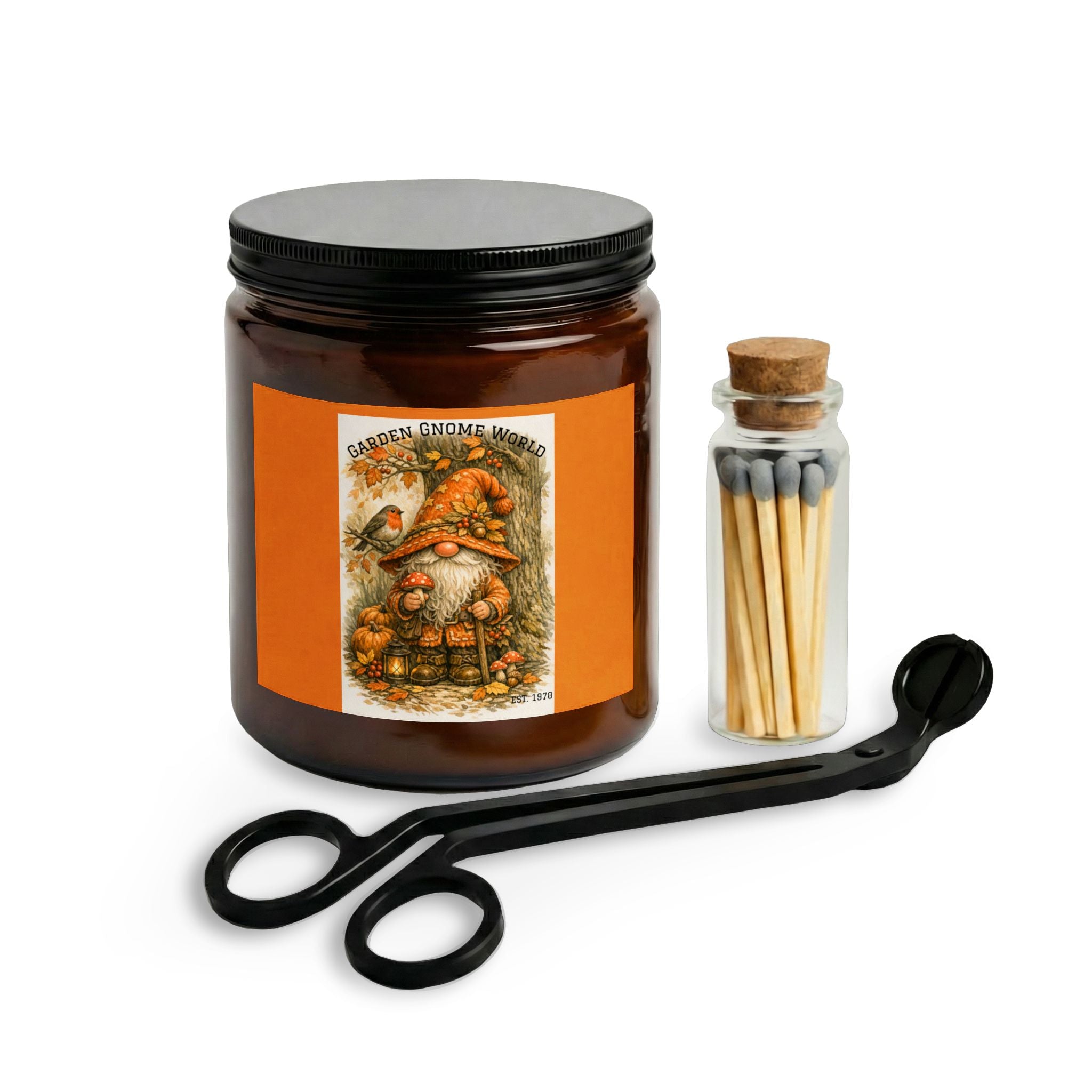 High Hat Orange Apple Garden Gnome Candle Set with Matches & Wick Trimmer – Autumn Cozy Home Décor