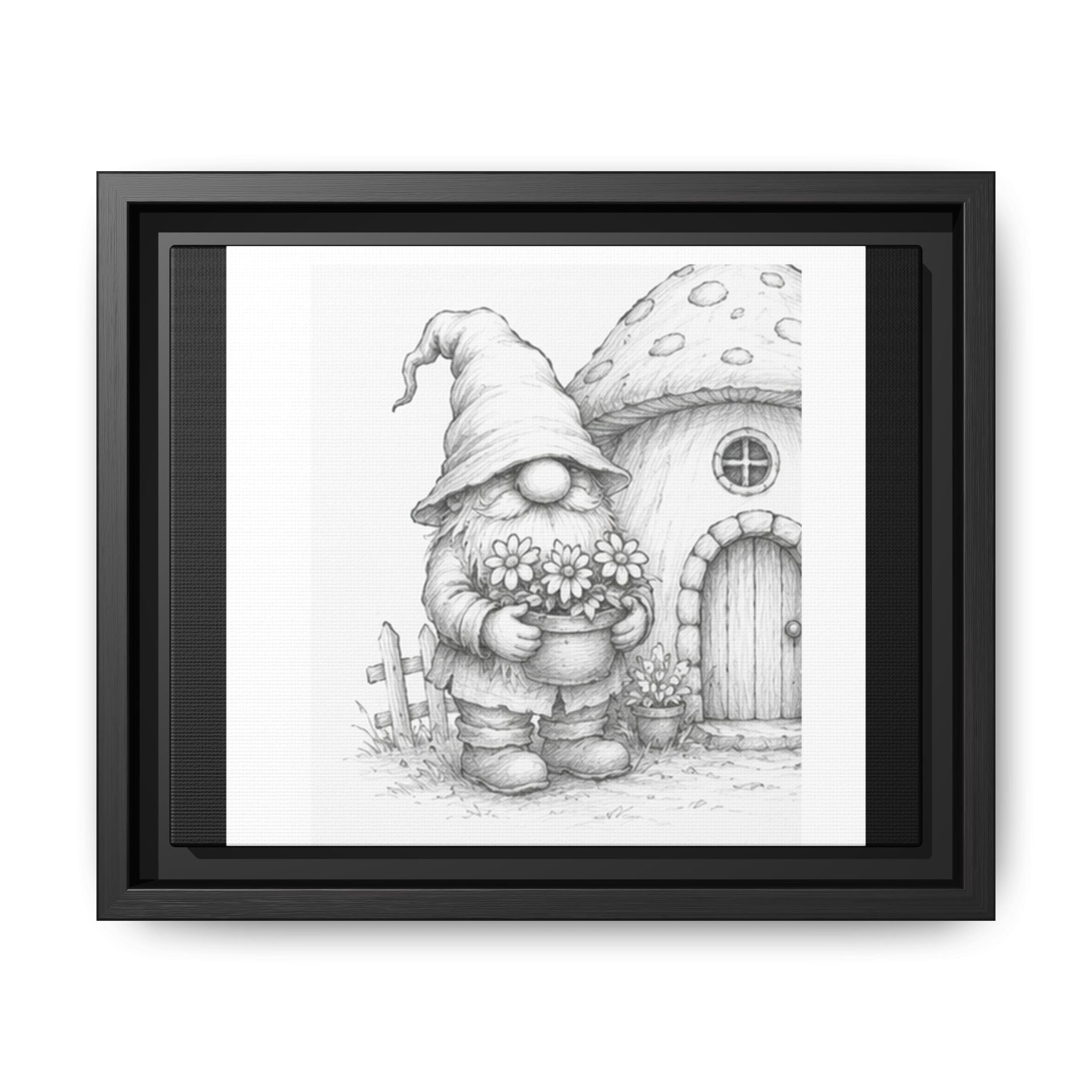 Gnome Pencil Mushroom House Framed Canvas Print — Whimsical Nursery Wall Art - Hazel