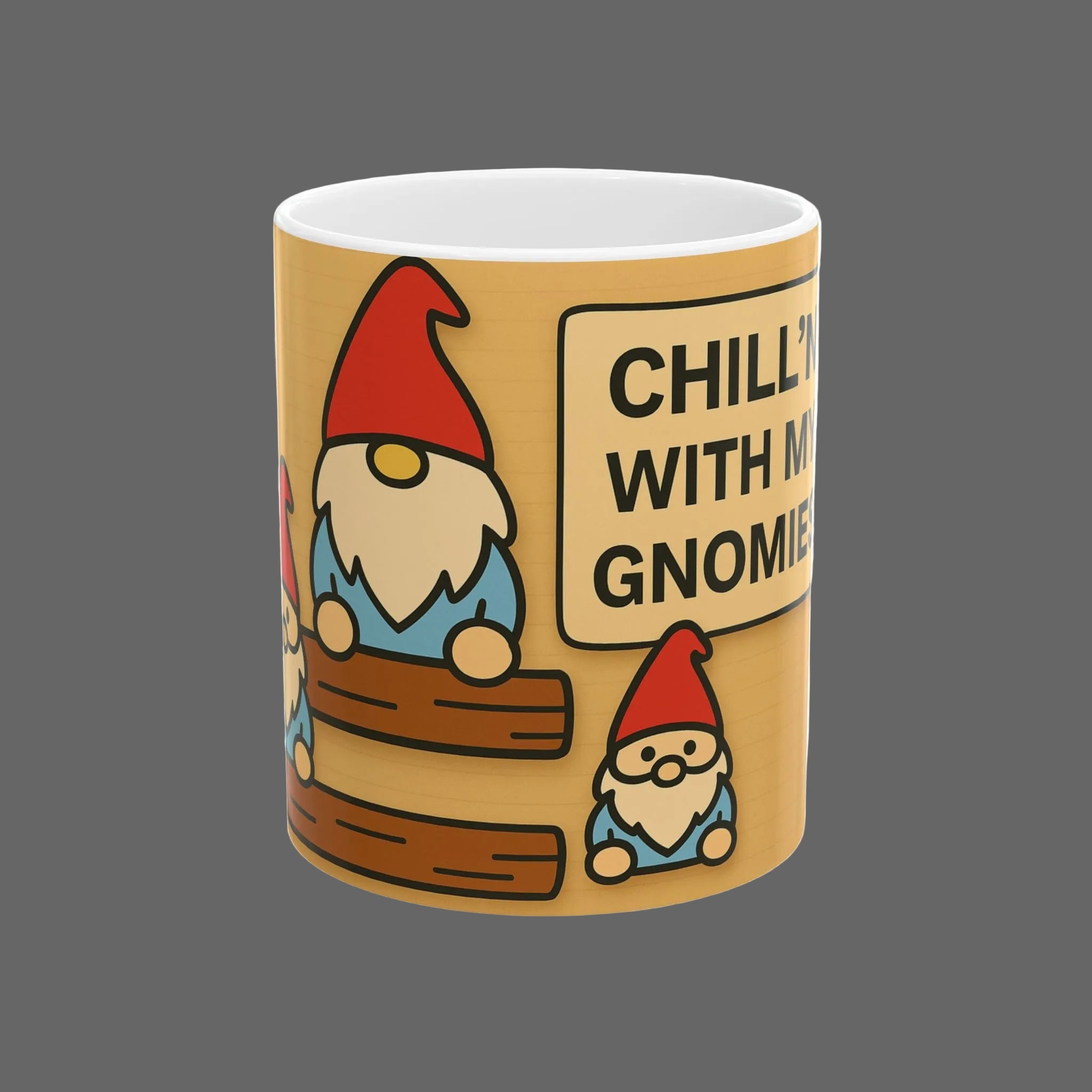 Mug with cartoon gnomes and text 'Chill with my gnome' on a beige background