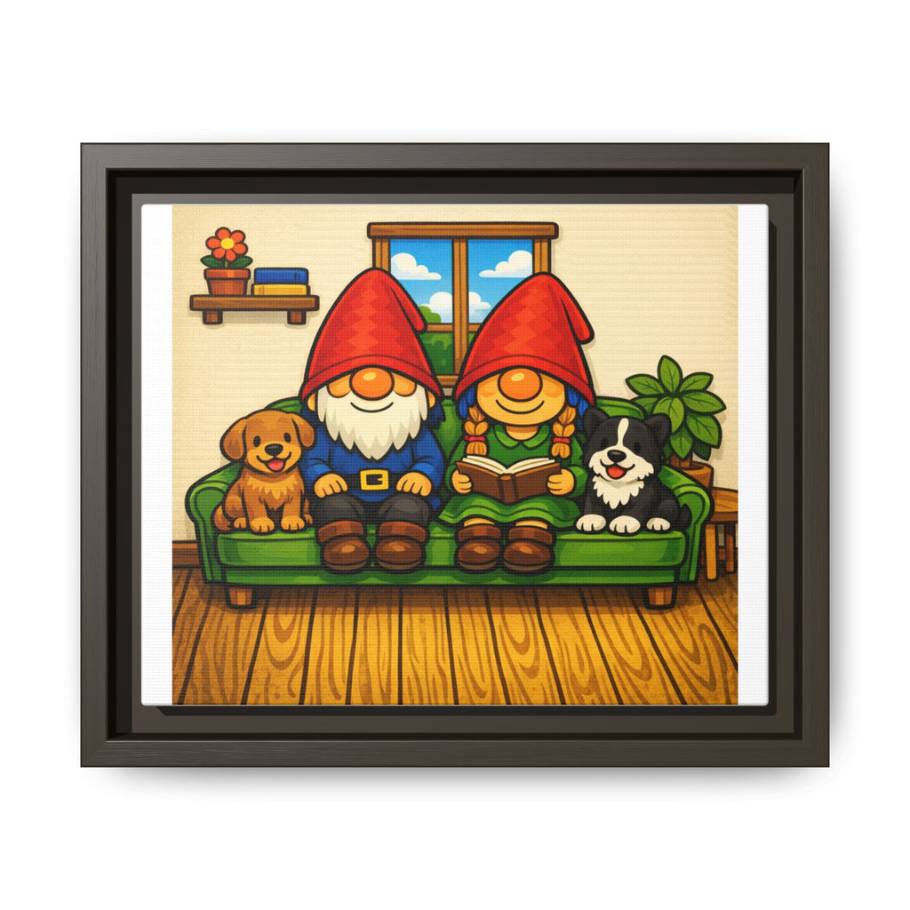 Gnome Family and Puppies Matte Canvas Print — Framed Wall Art with Dogs