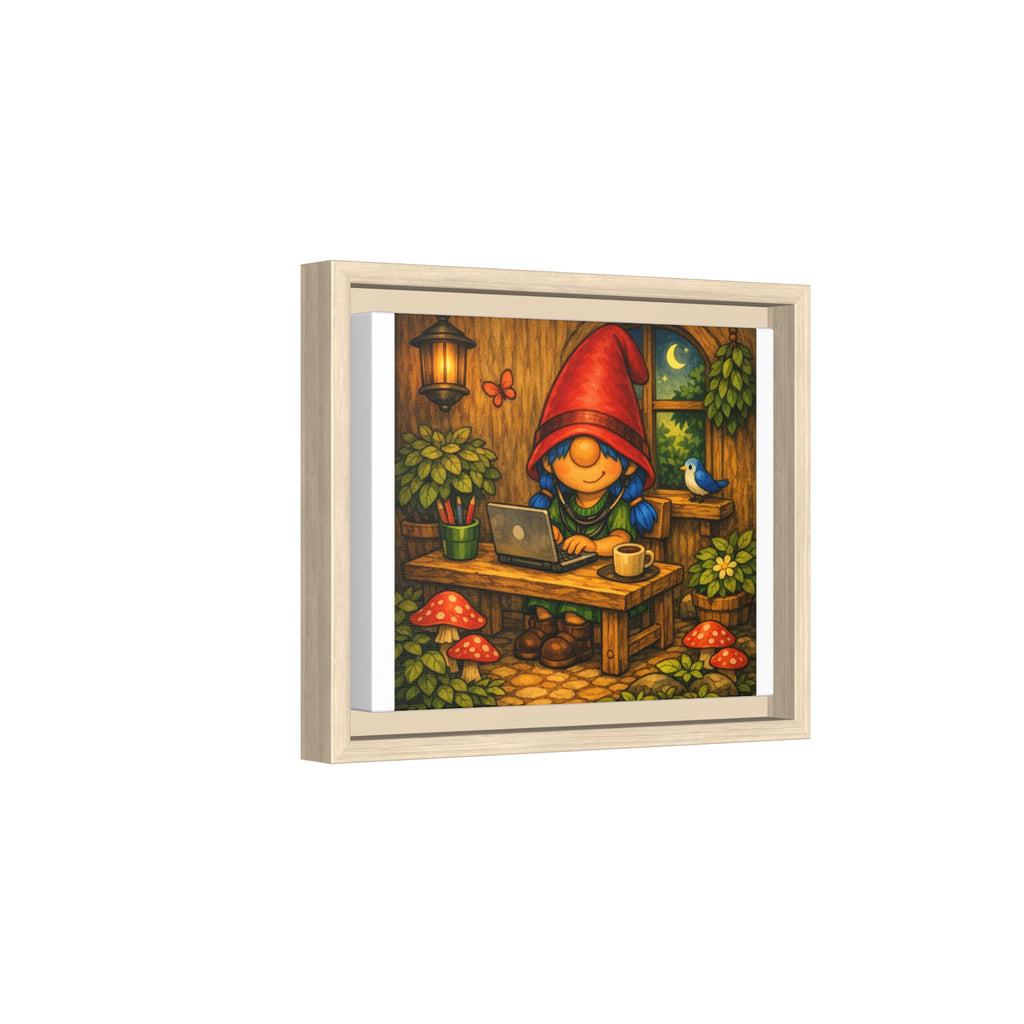 Gnome Girl with Blue Hair Workspace Framed Canvas Art — Cozy Night Cottage Illustration
