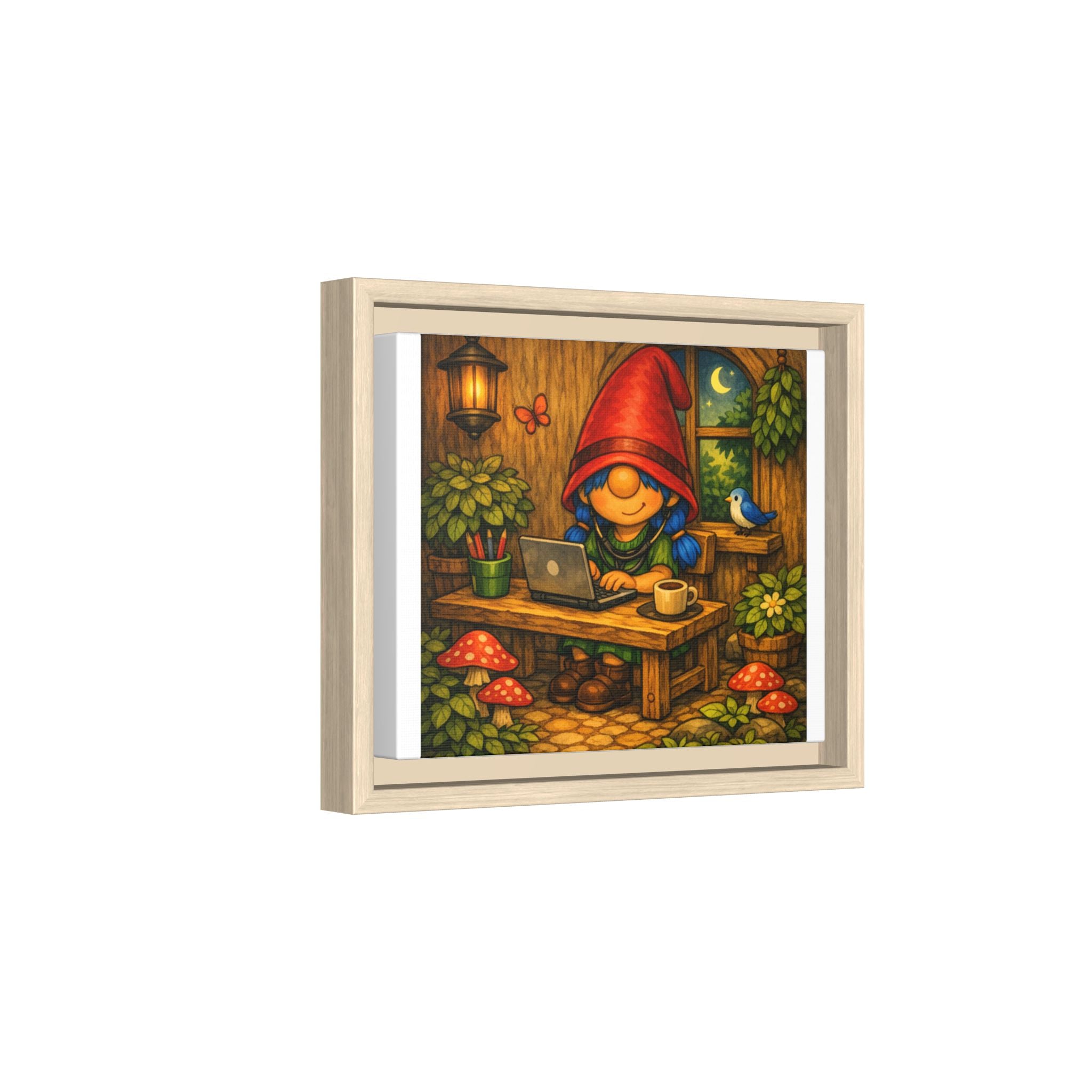 Gnome Girl with Blue Hair Workspace Framed Canvas Art — Cozy Night Cottage Illustration