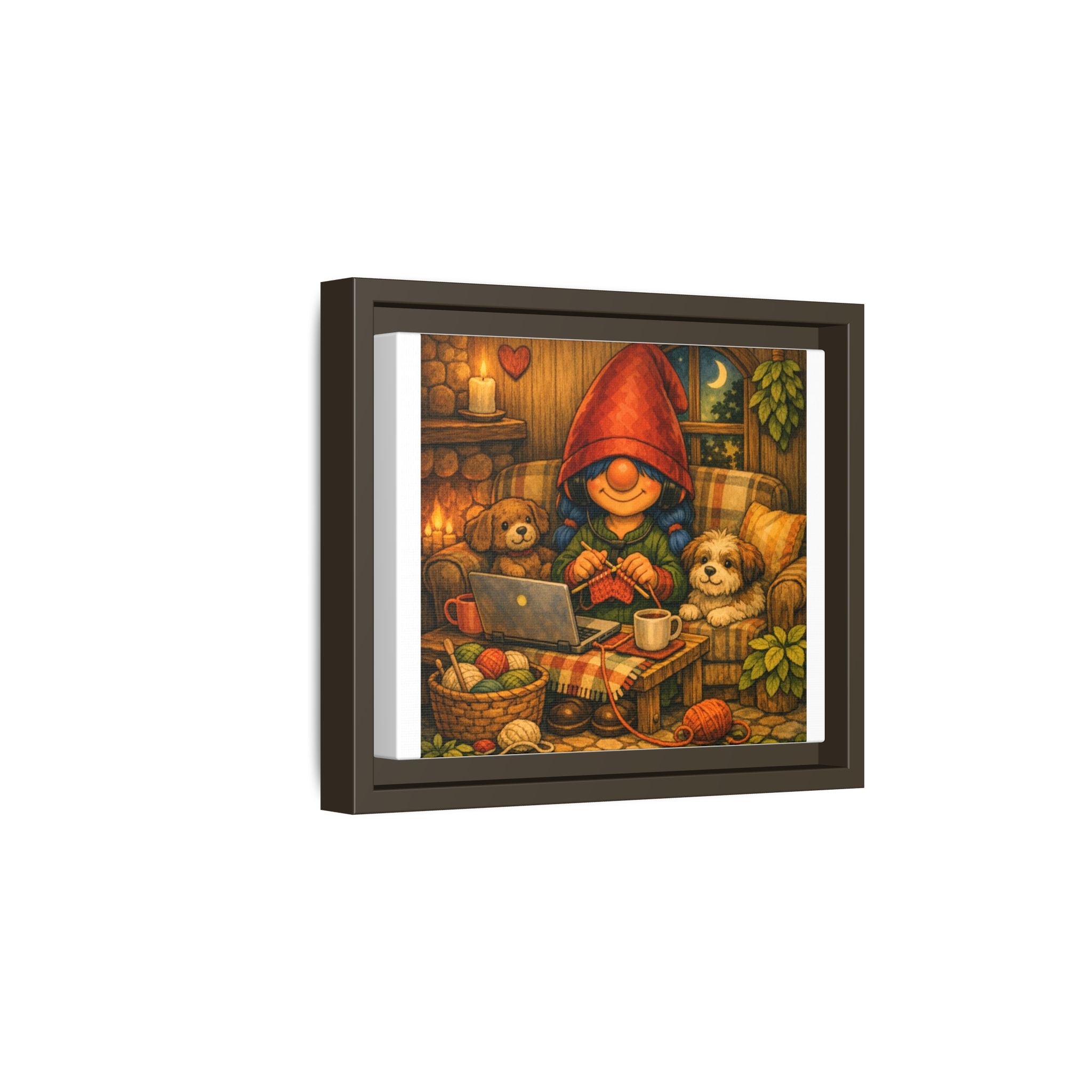 Cozy Girl with Blue Hair Gnome Knitting Night Matte Canvas Print (Framed)