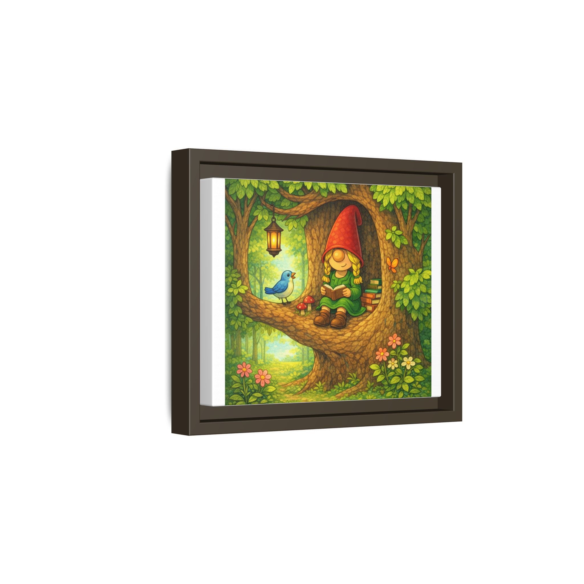 Whimsical Gnome Girl Reading in Tree Matte Canvas Print — Framed Forest Wall Art