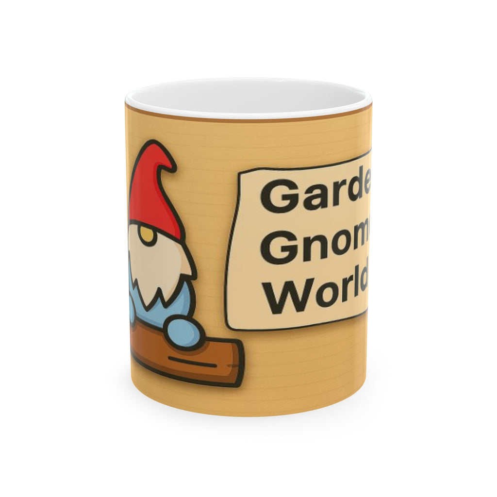 Mug with a garden gnome world design and text on a white background