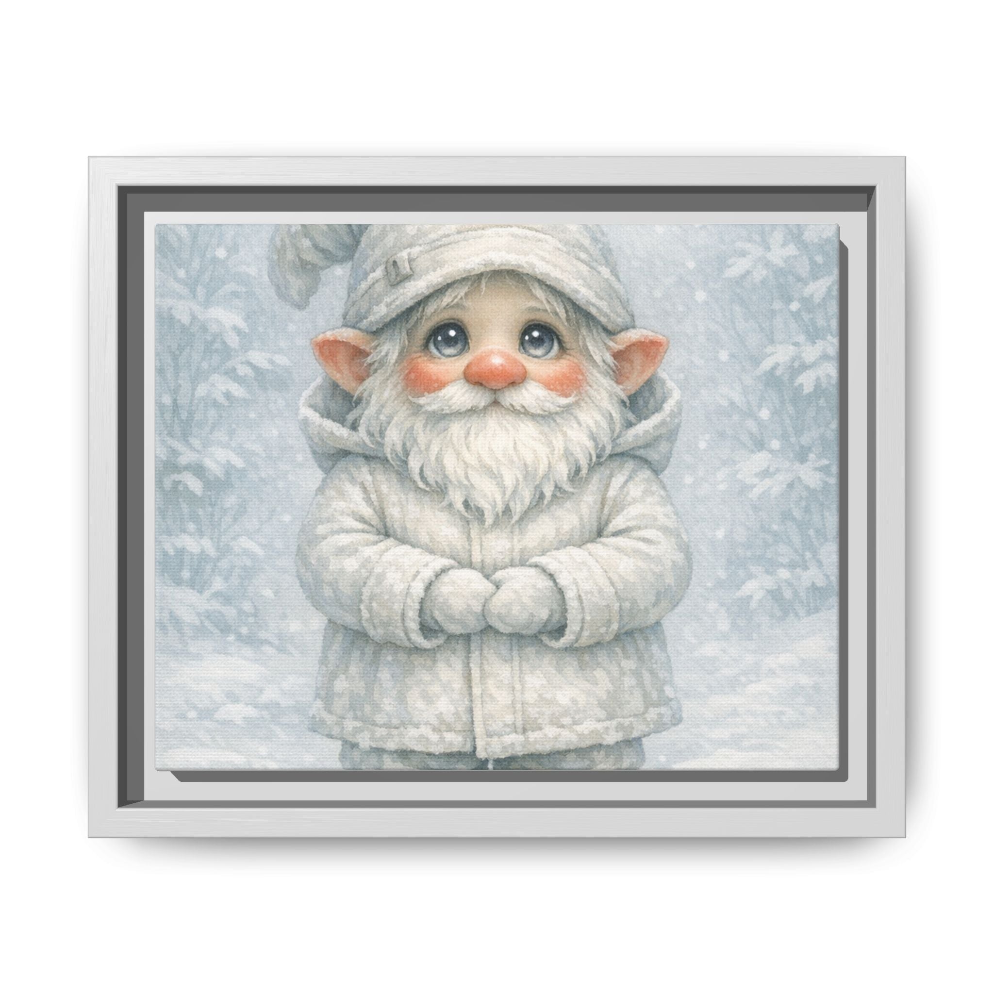 Bright Eyes Framed Winter Gnome Canvas Print — Cute Snowy Nursery Wall Art