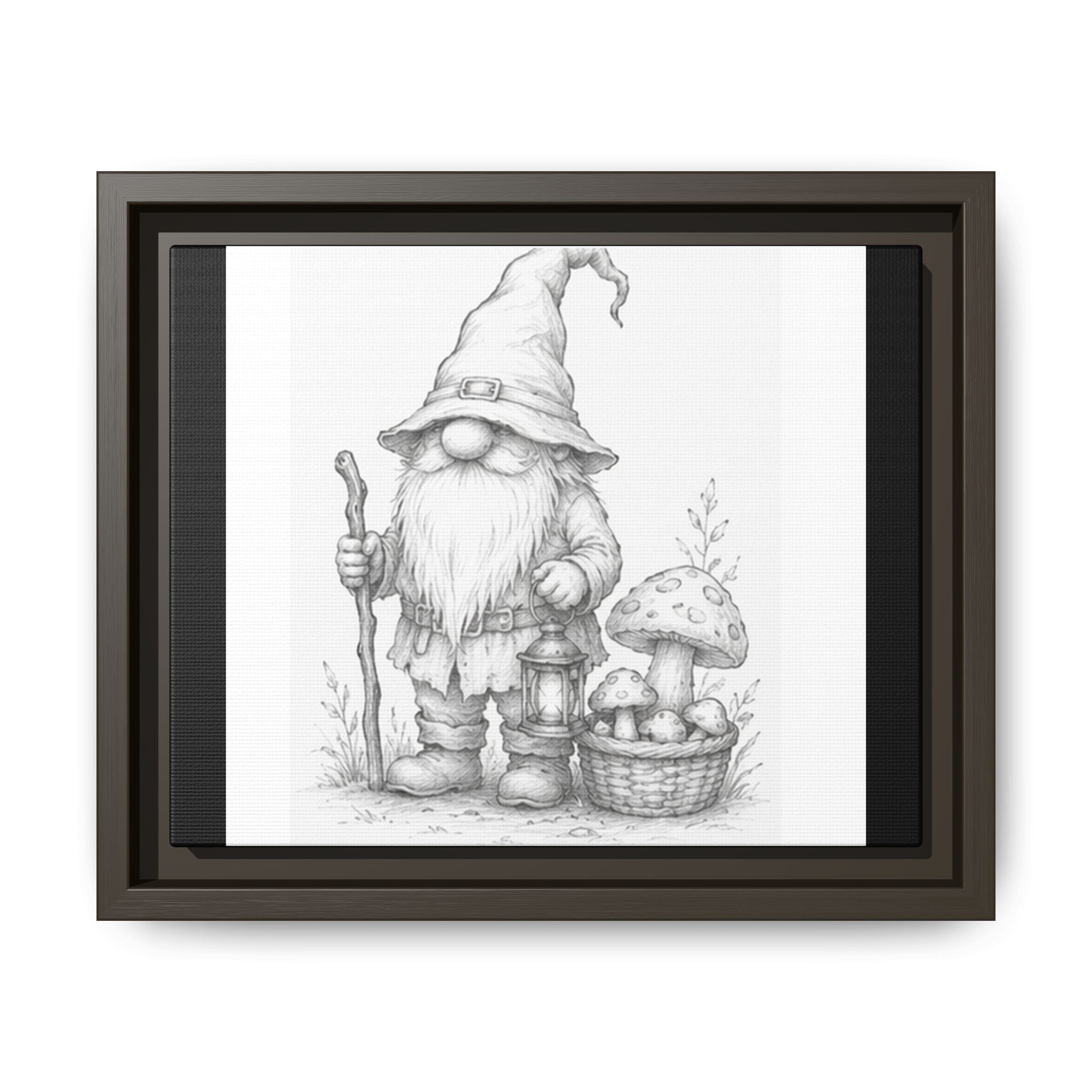 Gnome Pencil Illustration Matte Canvas Framed Print — Rustic Woodland Nursery Art - Oak