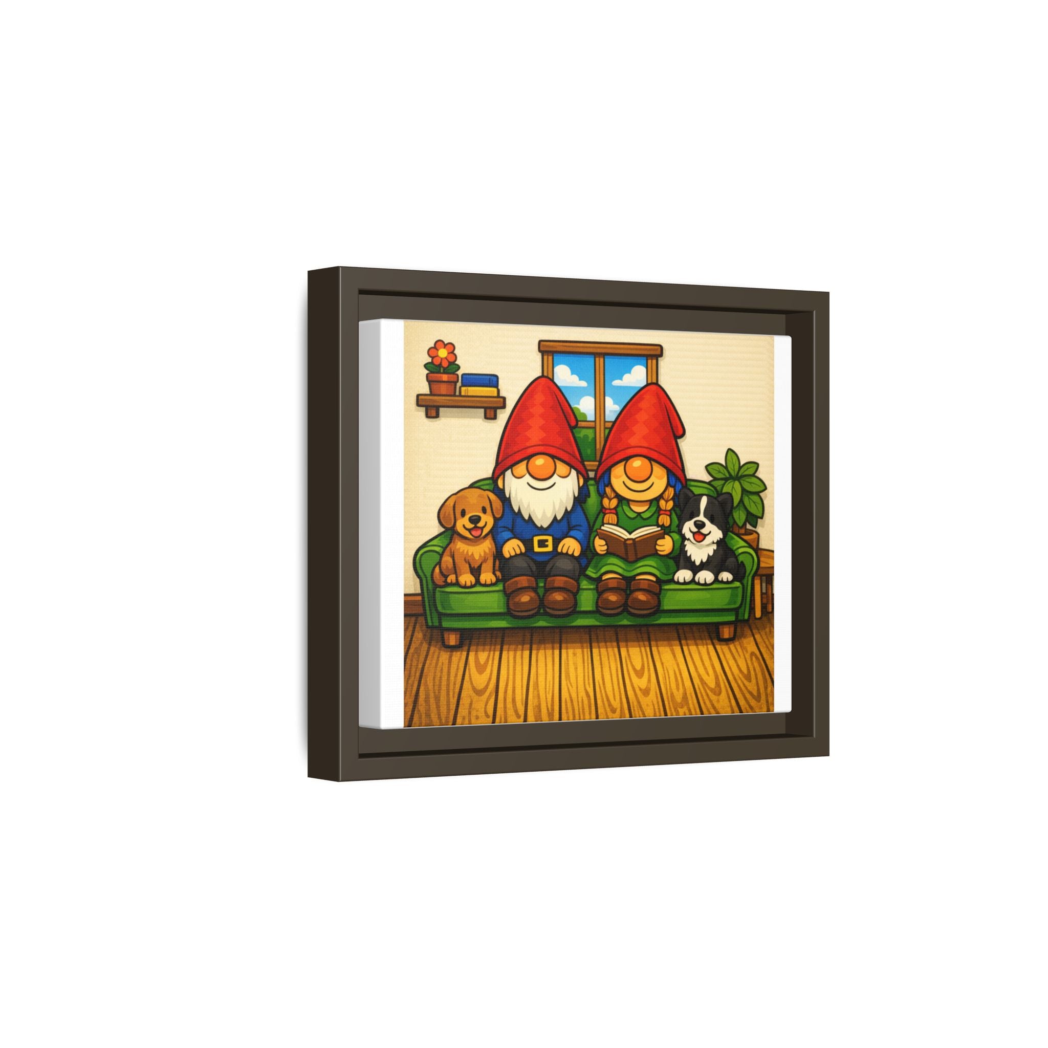 Gnome Family and Puppies Matte Canvas Print — Framed Wall Art with Dogs