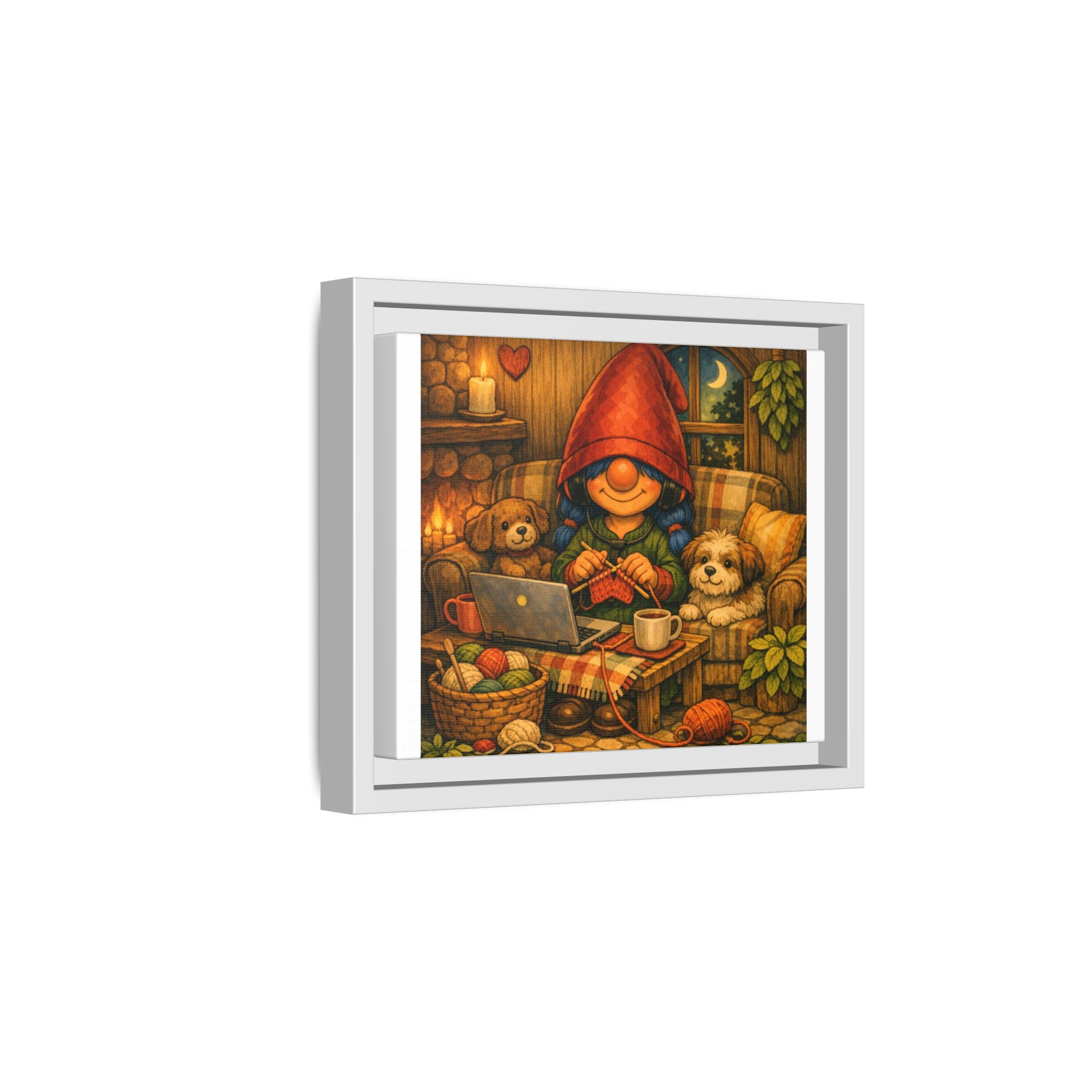 Cozy Girl with Blue Hair Gnome Knitting Night Matte Canvas Print (Framed)