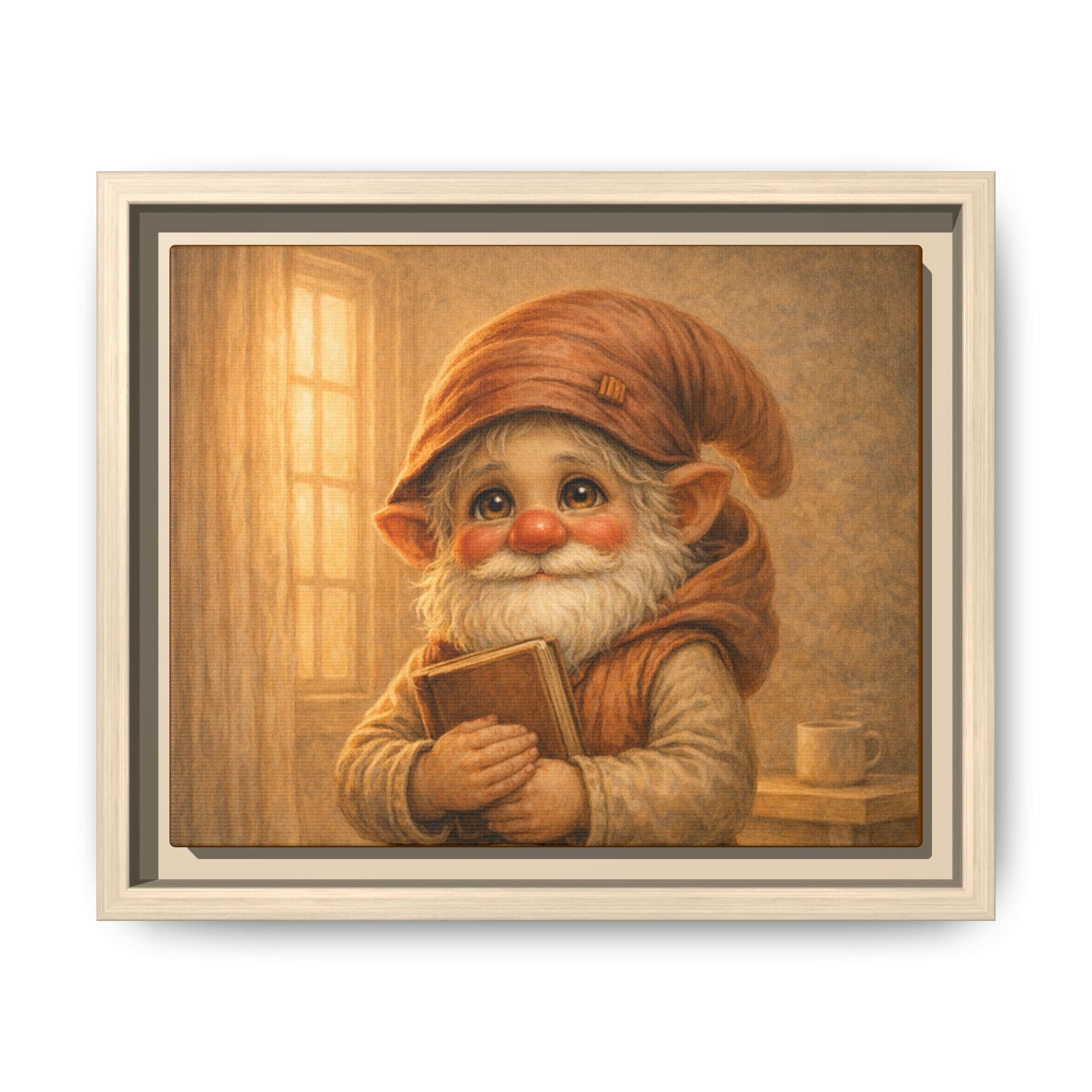 Framed Matte Canvas — Bright Eyes Whimsical Gnome Holding Book Wall Art