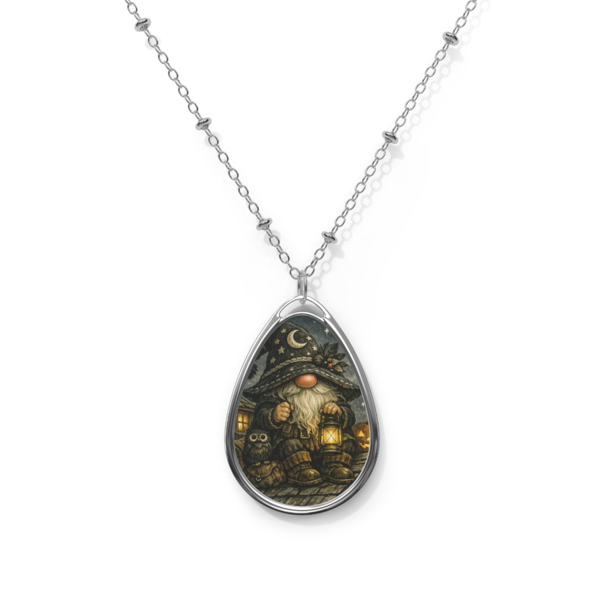 Oval Pendant Necklace — Whimsical Night Gnome Illustration Jewelry