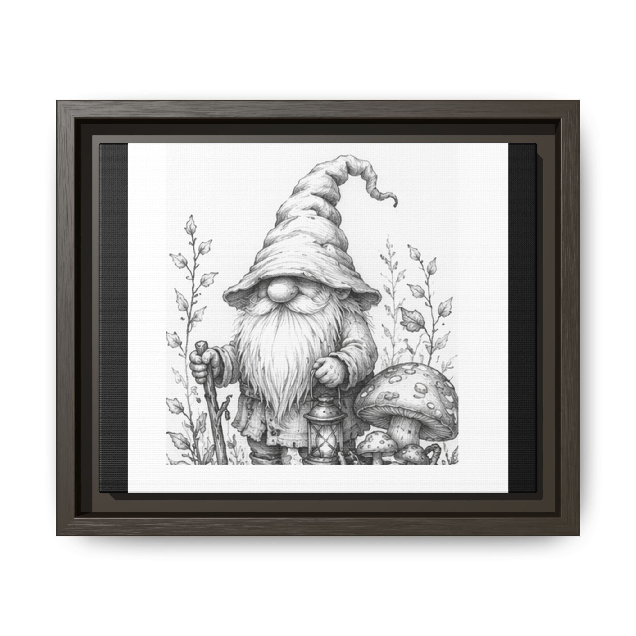 Gnome Pencil Sketch Matte Canvas Print — Framed Woodland Decor - Daisy