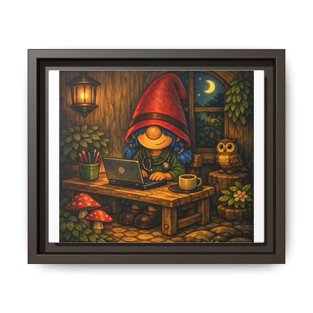 Cozy Gnome Girl with blue Hair Nightscape Framed Canvas Print