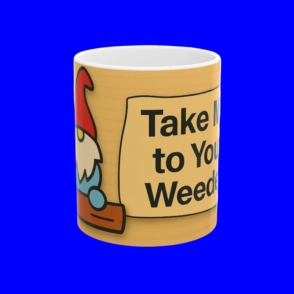 Mug with a cartoon gnome and text saying "Take Me to Your Weeder" on a beige background