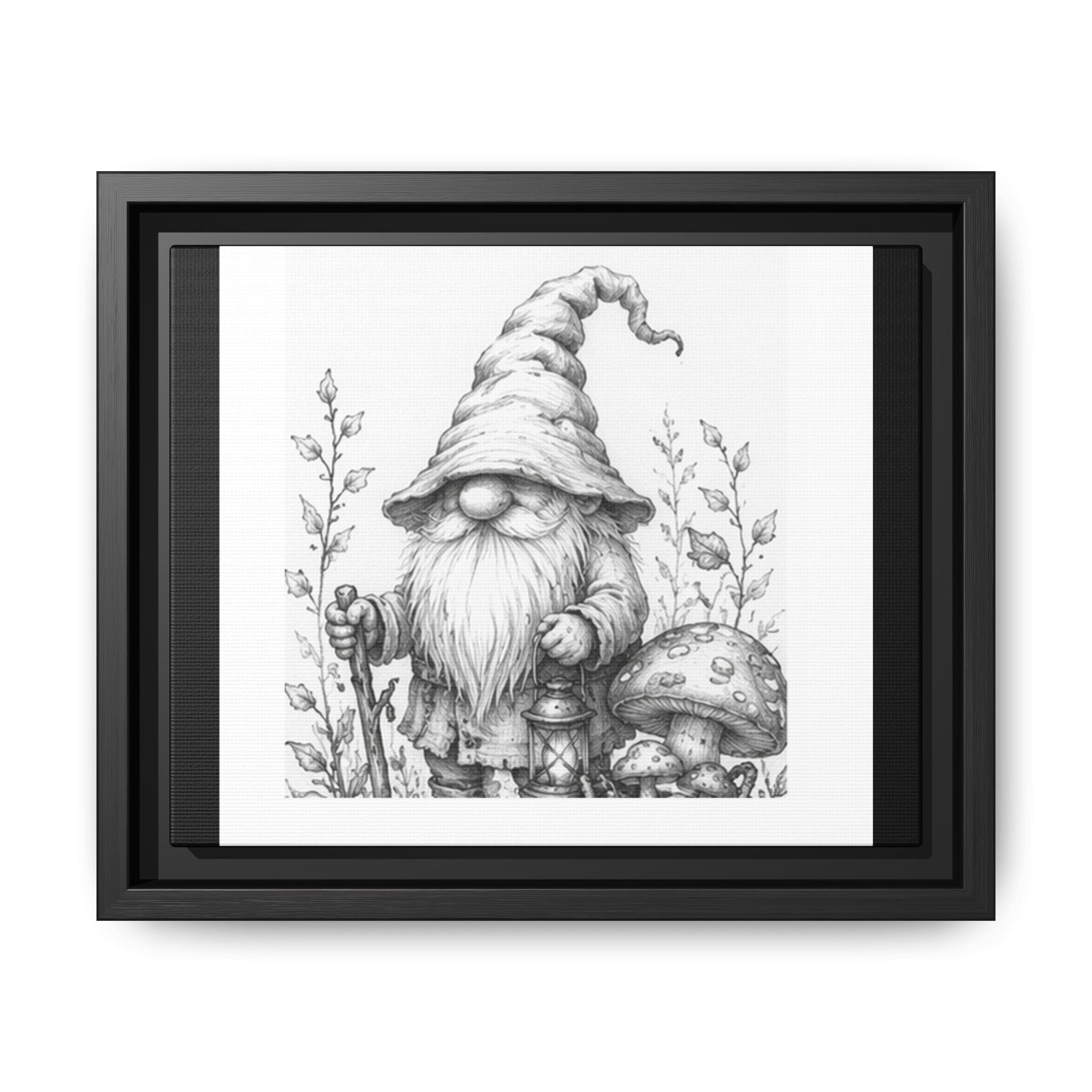 Gnome Pencil Sketch Matte Canvas Print — Framed Woodland Decor - Daisy