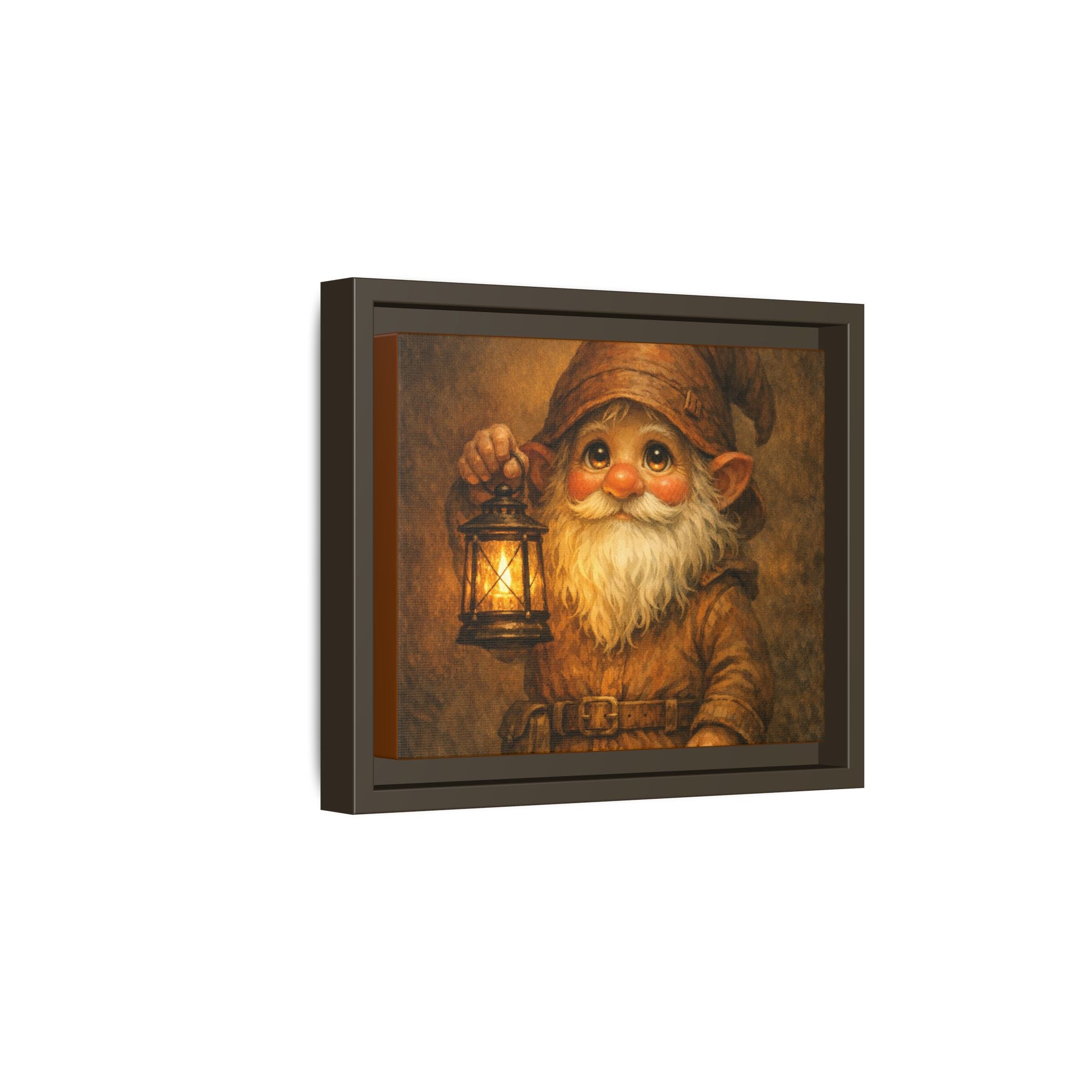 Bright eyes Gnome Lantern Framed Canvas Art — Whimsical Cozy Nursery Wall Decor