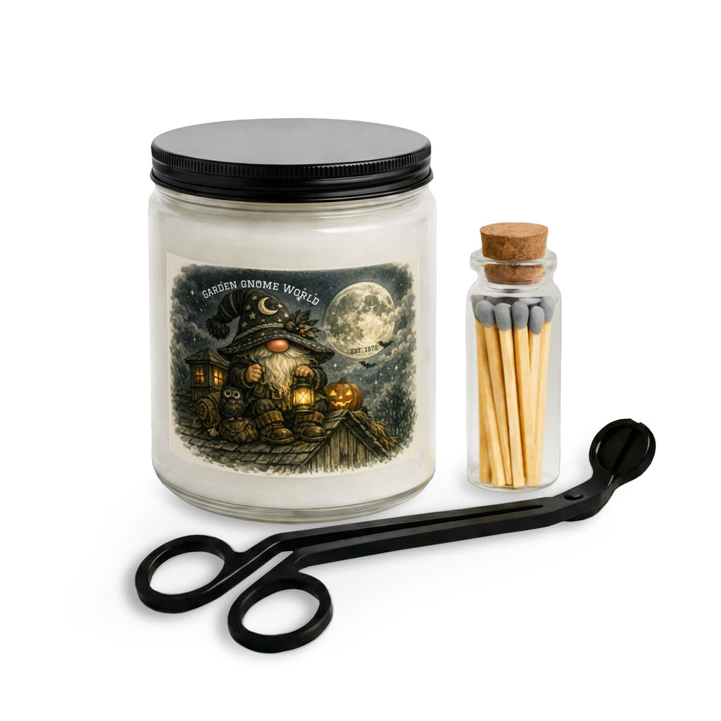 Garden Gnome Candle Set with Matches & Wick Trimmer — Halloween Moonlight Scented Jar
