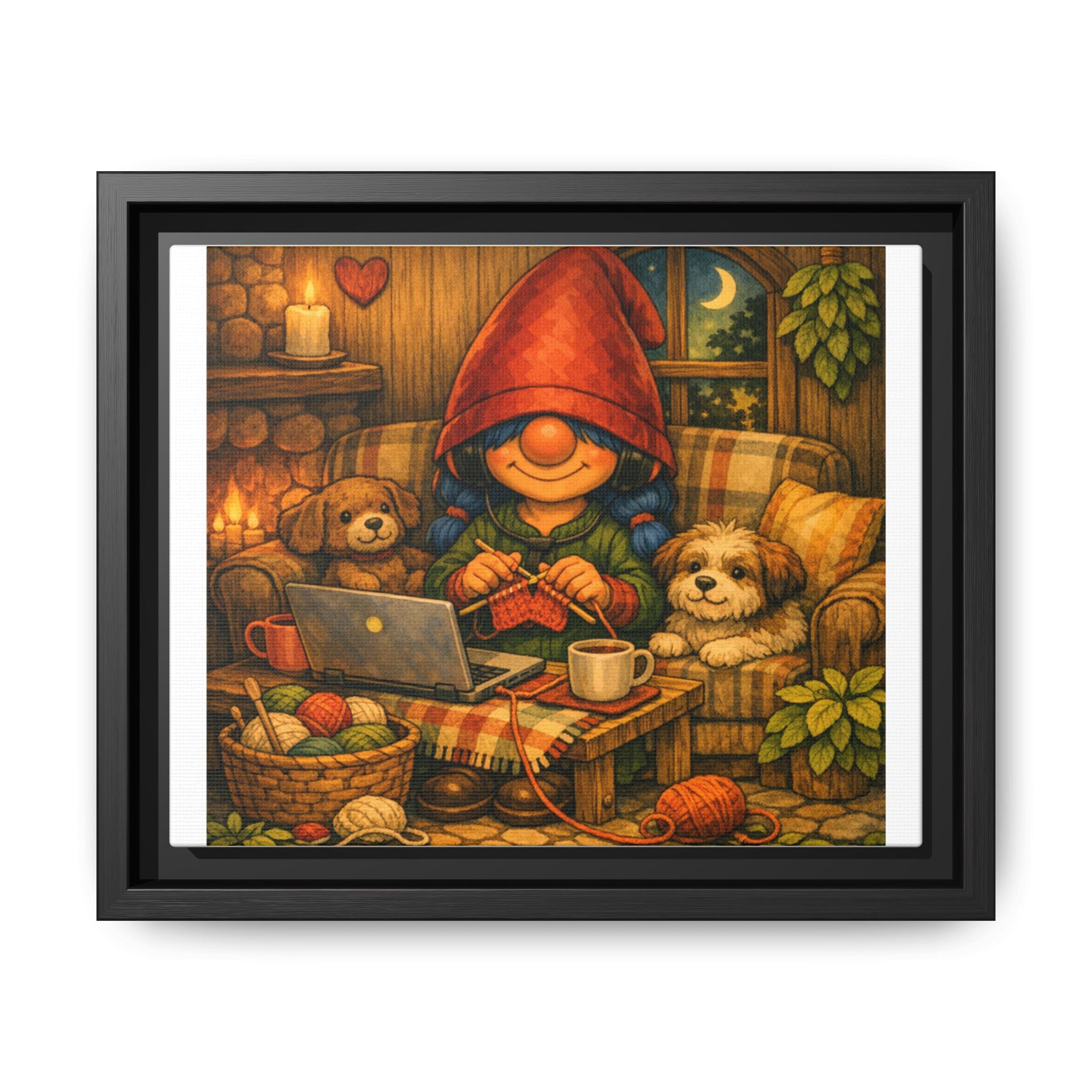 Cozy Girl with Blue Hair Gnome Knitting Night Matte Canvas Print (Framed)